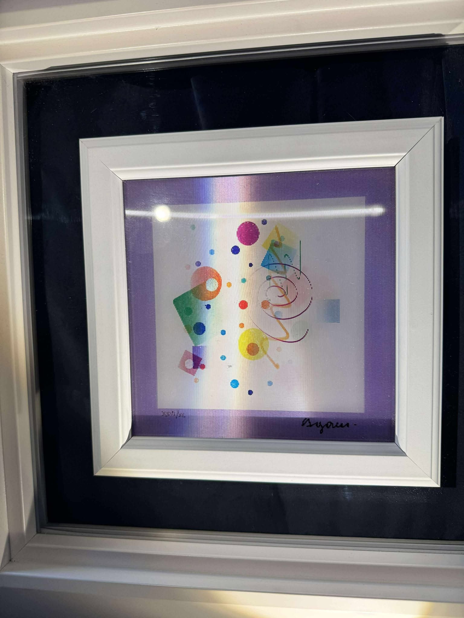 Yaacov Agam Happy Mood (small): Yaacov Agam "Happy Mood (small)" 2014 7" x 7" image size Agamograph; lithographic image viewed through a lenticular lens. Hand-signed in ink by the artist. Gallery framed, COA, Appraisal. MS ships
