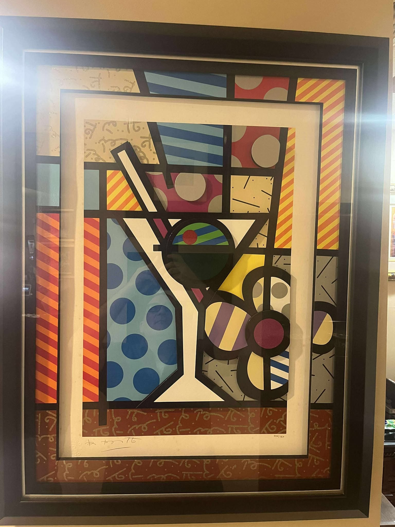 Romero Britto Zif Martini: Romero Britto (Ziff Martini) 31 3/8" x 23 3/8" Image size. Three-dimenstional giclee construction in color with cut-outs in serigraphy. Siggned in pencil lower left. Gallery Framed. COA. RMS