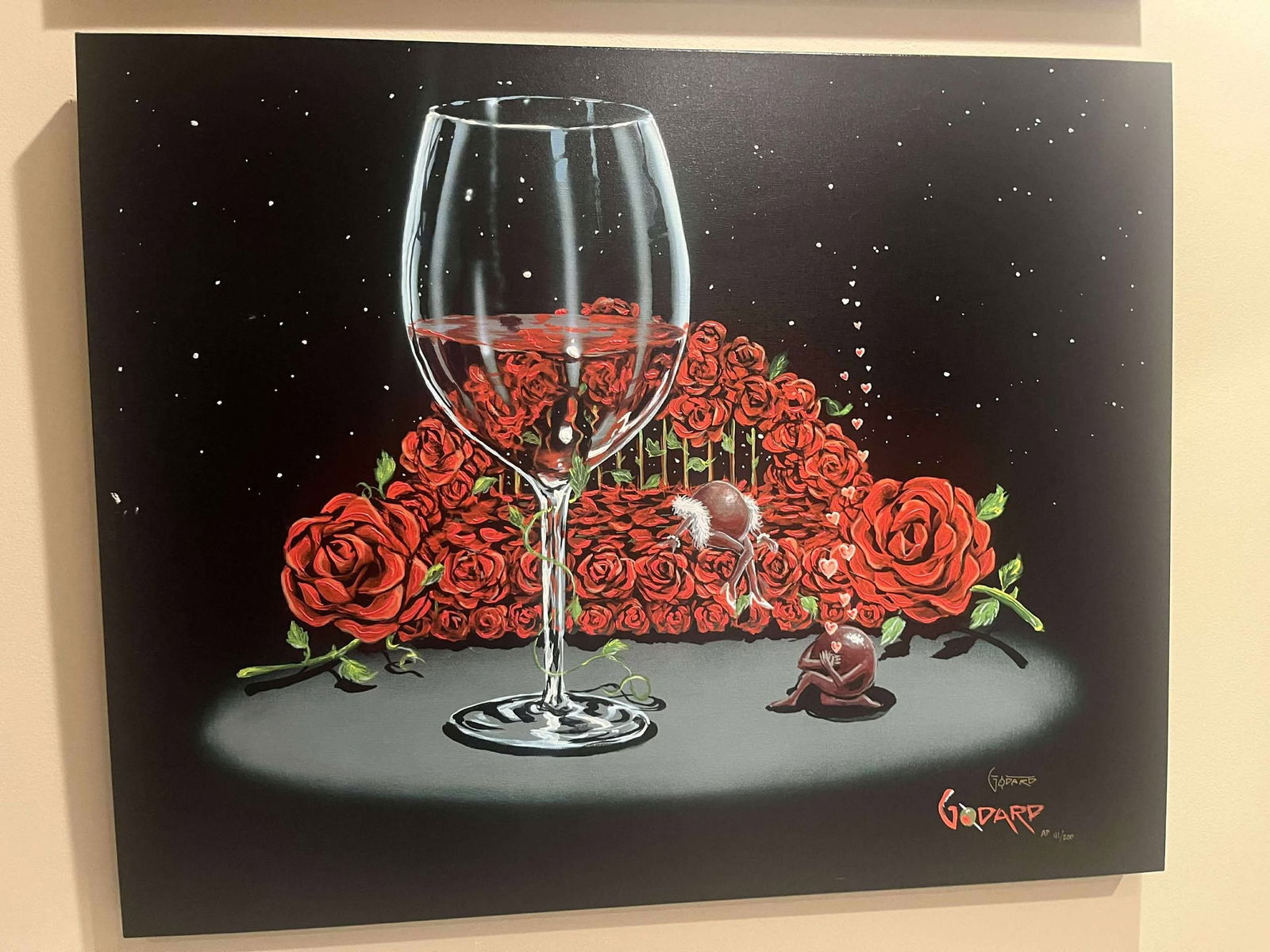 Michael Godard Bed of Roses: Michael Godard (Bed of Roses Don't Drink and Draw Series) 28" x 35" Image size. Giclee on canvas. Gallery Framed. COA, RMS