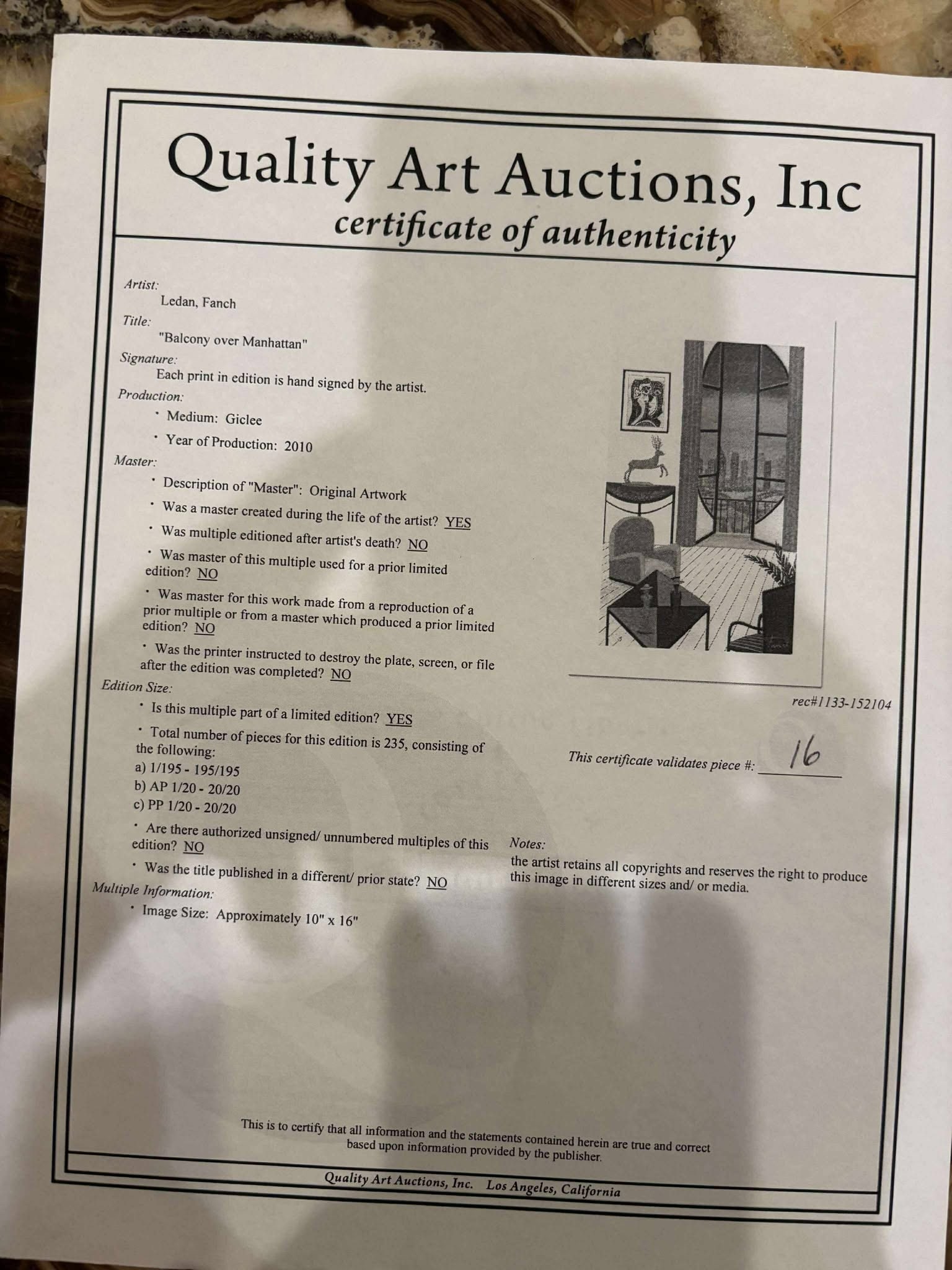 Fanch Balcony over manhatta: Fanch Balcony Over Manhattan no paperwork