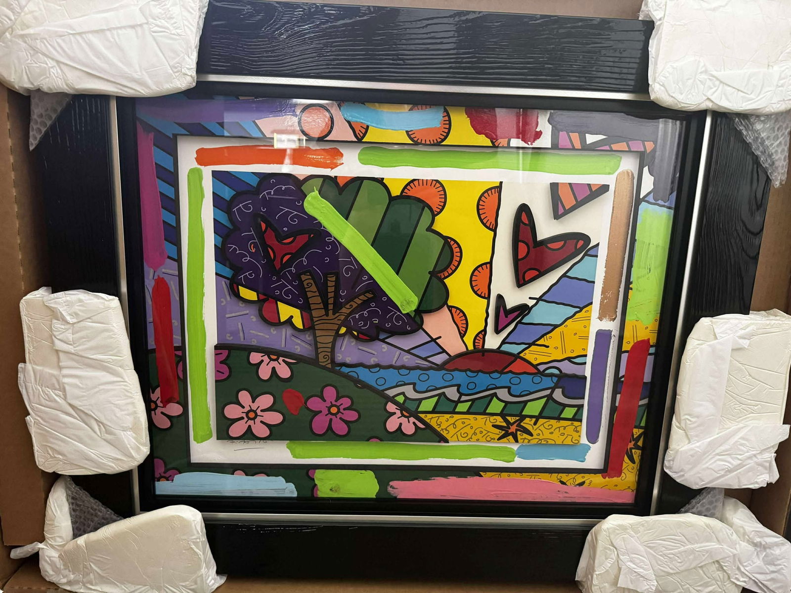 Romero Britto New Horizons: Romero Britto "New Horizons" 2022 22 1/2" x 28 1/2" image size three-dimensional hand embellished mixed media construction with actylic painting oil pen drawing and hand -applied diamond dust on