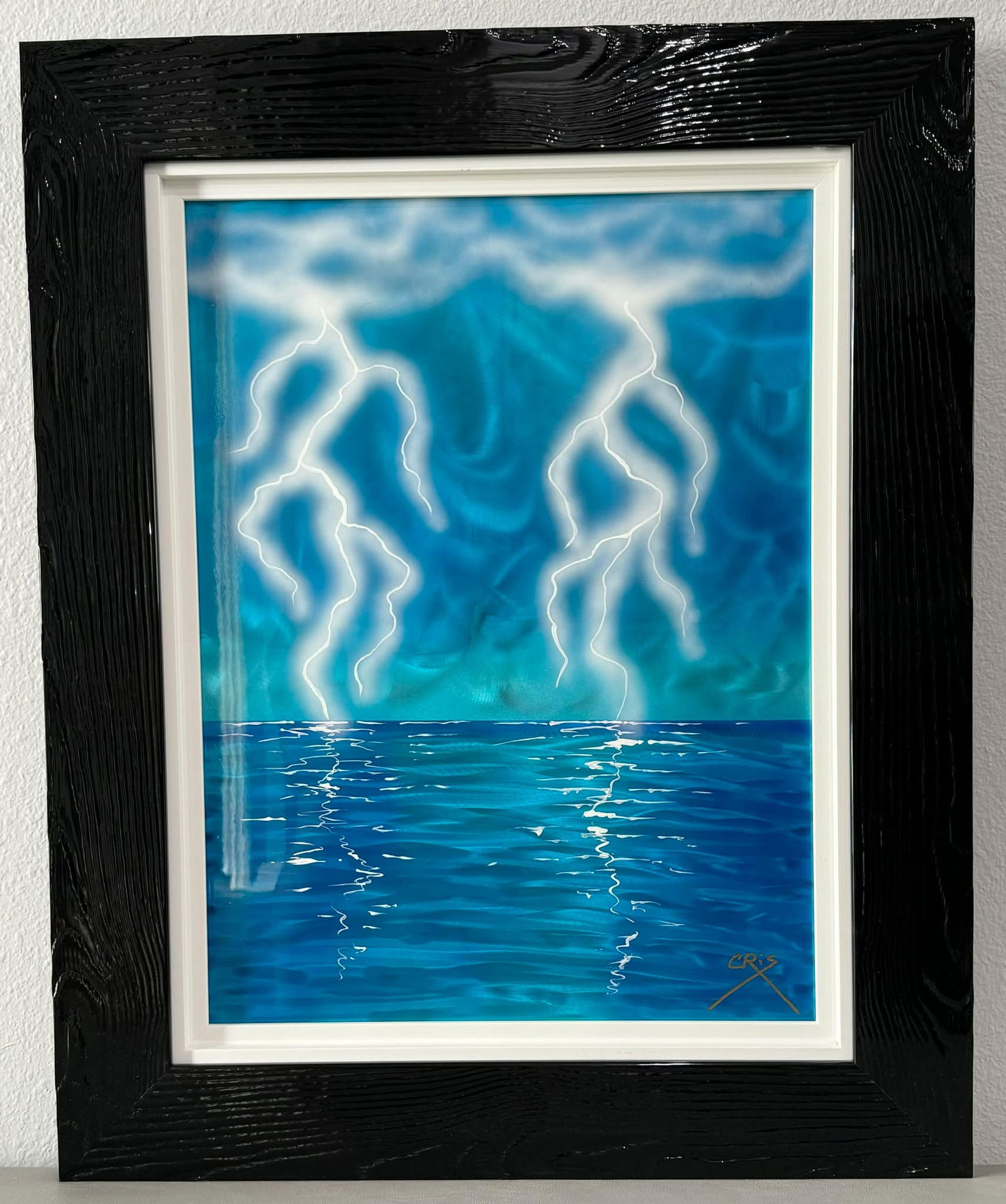 Cris X Strike II: Cris X "Strike II" 2023 24" x 18" image size Candy-color paint, urethane and enamel on a brushed metal surface. Hand-signed in pigment lower right by the artist. Gallery framed, COA, Appraisal. MM