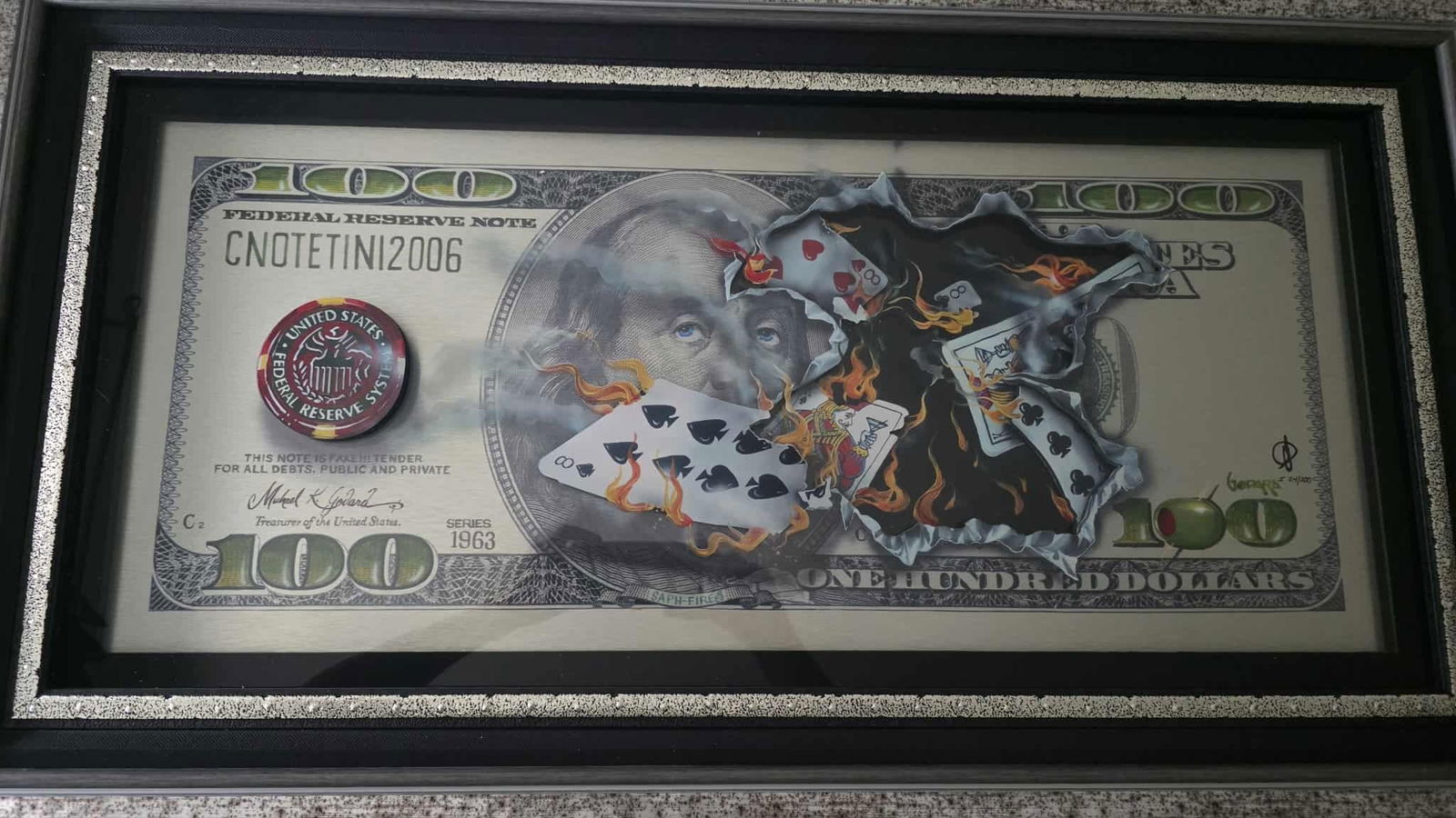 Michael Godard $100 Bill Full House: Michael Godard "$100 Bill Full House" 13 3/4" X 32" image size. Mixed media sculptograph (three dimensionsl multi media construction) with brushed aluminim, acrylic and archival UV ink. Hand signed by