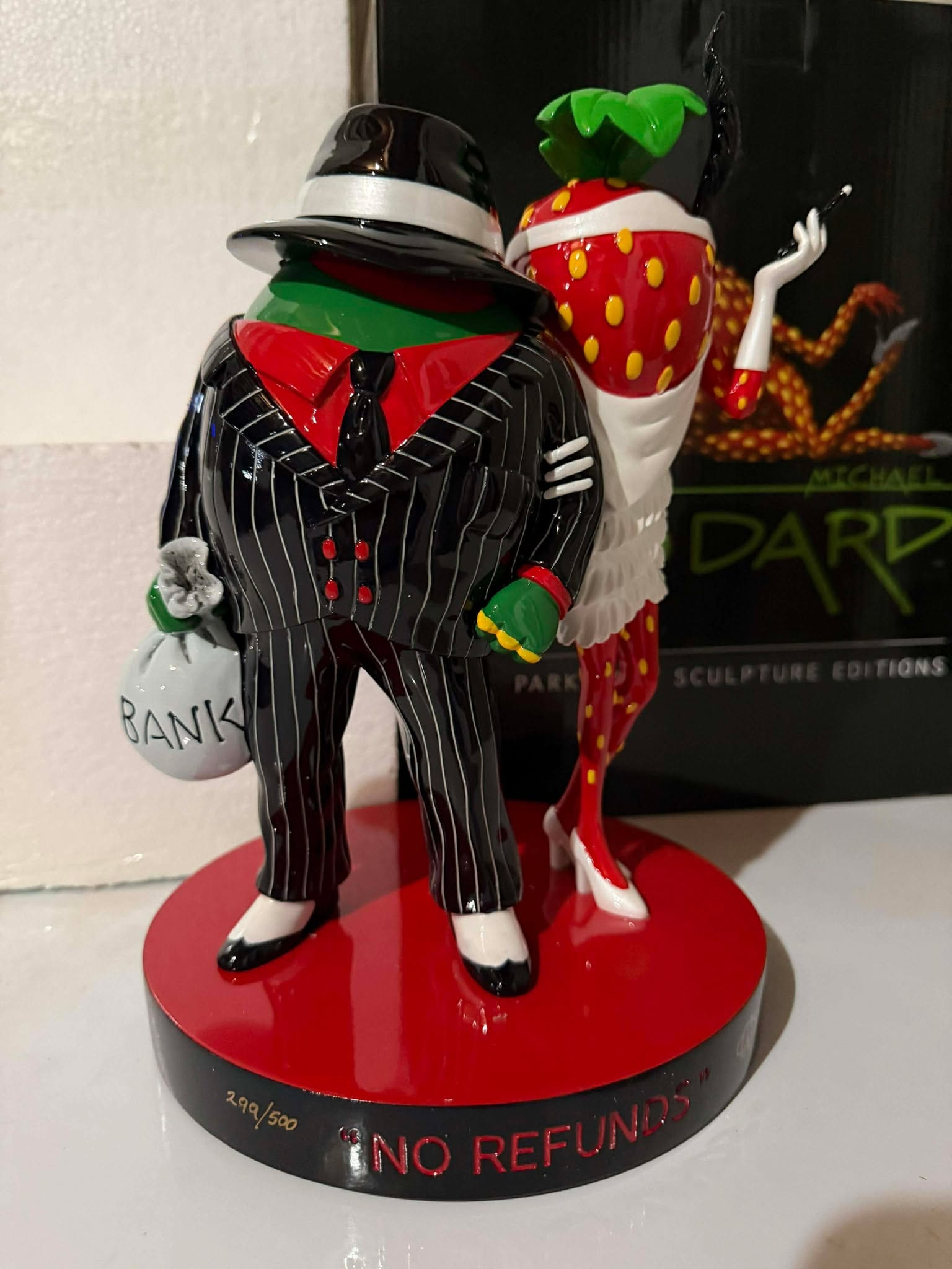 Michael Godard No Refunds: Michael Godard "No Refunds" 8 1/2" x 7 1/16" x 10 3/4" Hand painted sculpture in resin. Hand-signed in pigment by the artist. COA, Appraisal. TMP