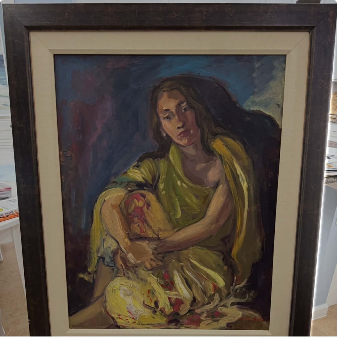 Maria Bertran woman sitting: Maria Bertran woman sitting with arms wrapped around knees on canvas 34" x 41", no paperwork