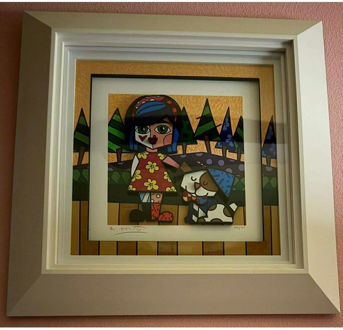 Romero Britto Girl with Dog: Romero Britto "Girl with Dog" 2016 18" x 18" image size Three dimensional giclee construction in color with cut-outs in serigraphy. Hand signed in pencil by the artist. Gallery framed, COA, CMK