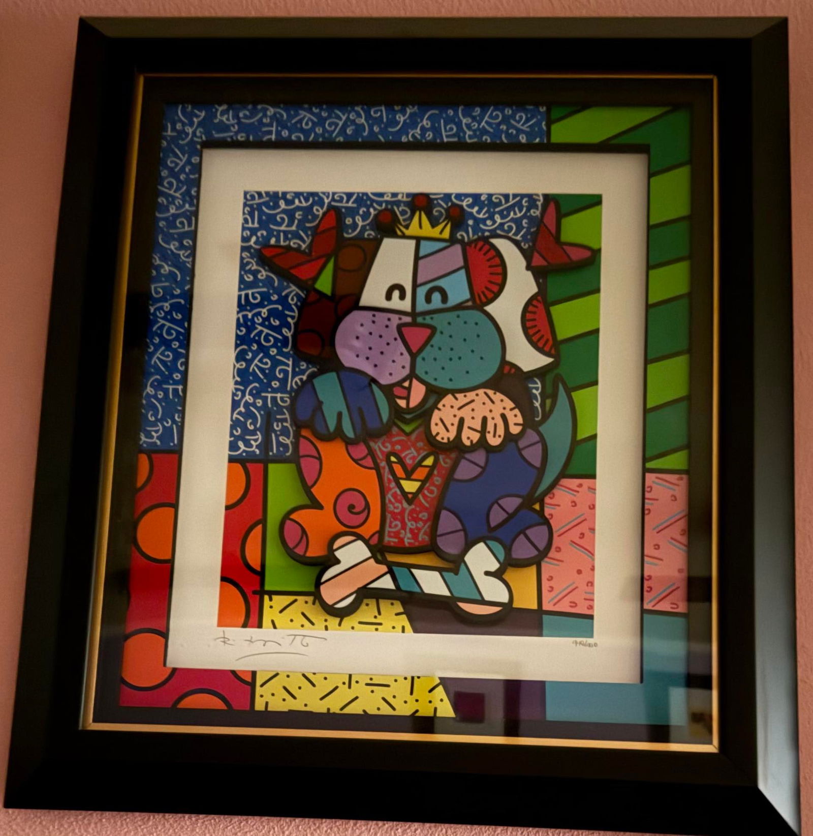 Romero Britto Unconditional: Romero Britto "Unconditional" 2017 21" x 18" image size Three-dimensional serigraphy construction in color with cut-outs in serigraphy. Signed in pencil lower left by the artist. Gallery framed, COA,