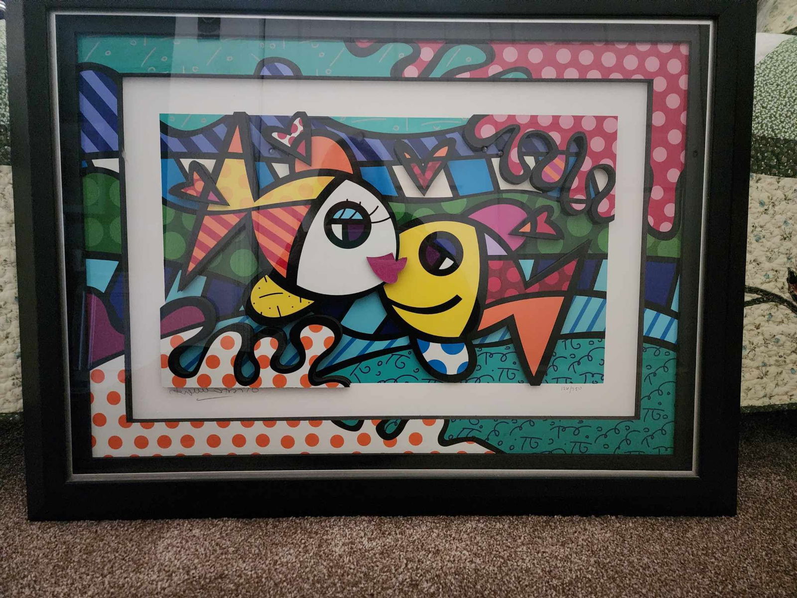 Romero Britto Deeply In Love Too: Romero Britto "Deeply In Love Too" 21" x 30" Three dimensional giclee construction in color with cut-outs in serigraphy. Signed in pencil lower left. Gallery framed. COA. Appraisal. BL