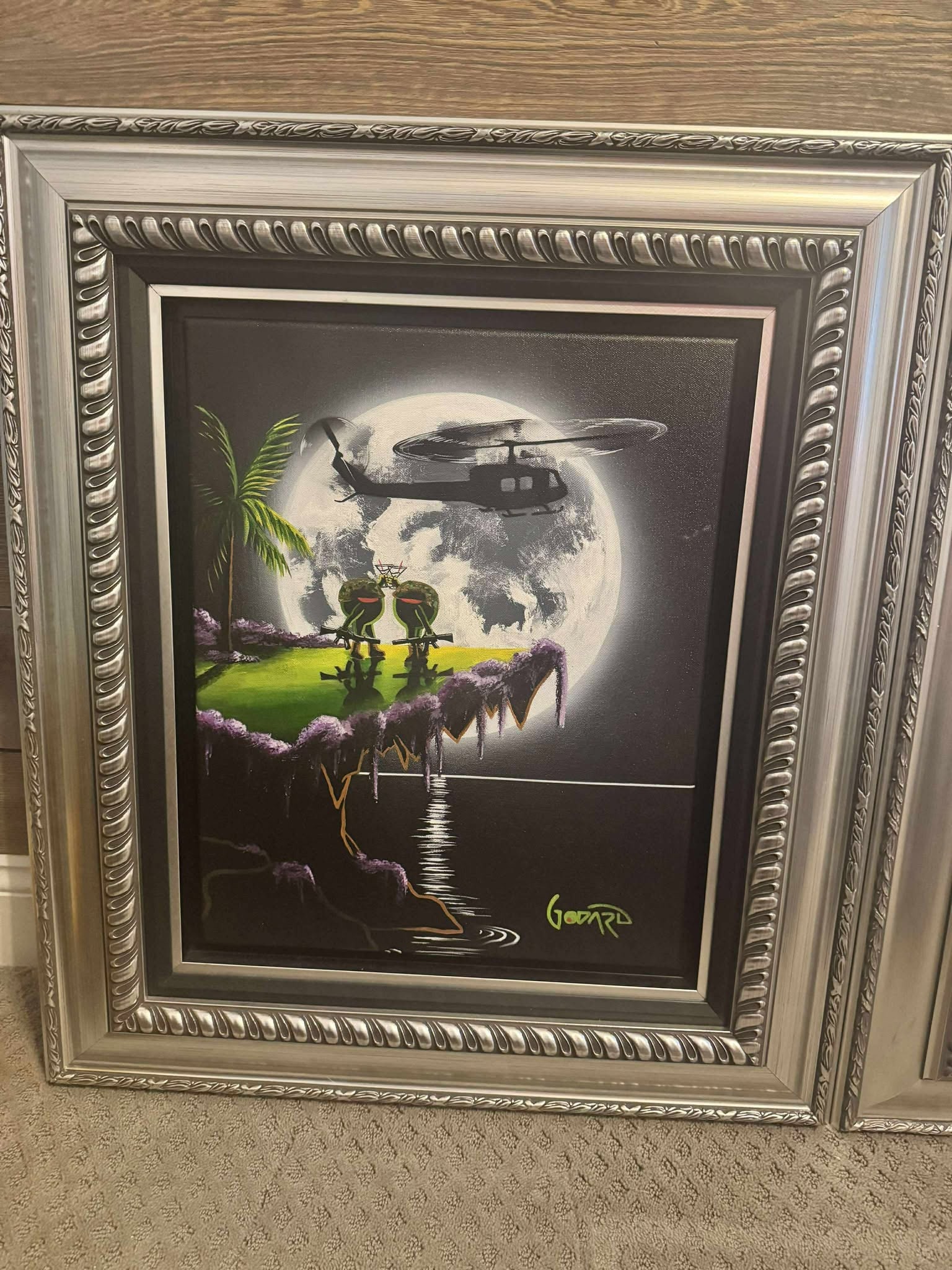 Michael Godard Moonlight Chooper: Michael Godard "Moonlight Chopper" 2020 20" x 16" image size Acrylic painting on canvas. Hand-signed in pigment lower right by the artist A unique work. Gallery framed, COA, Appraisal. MV