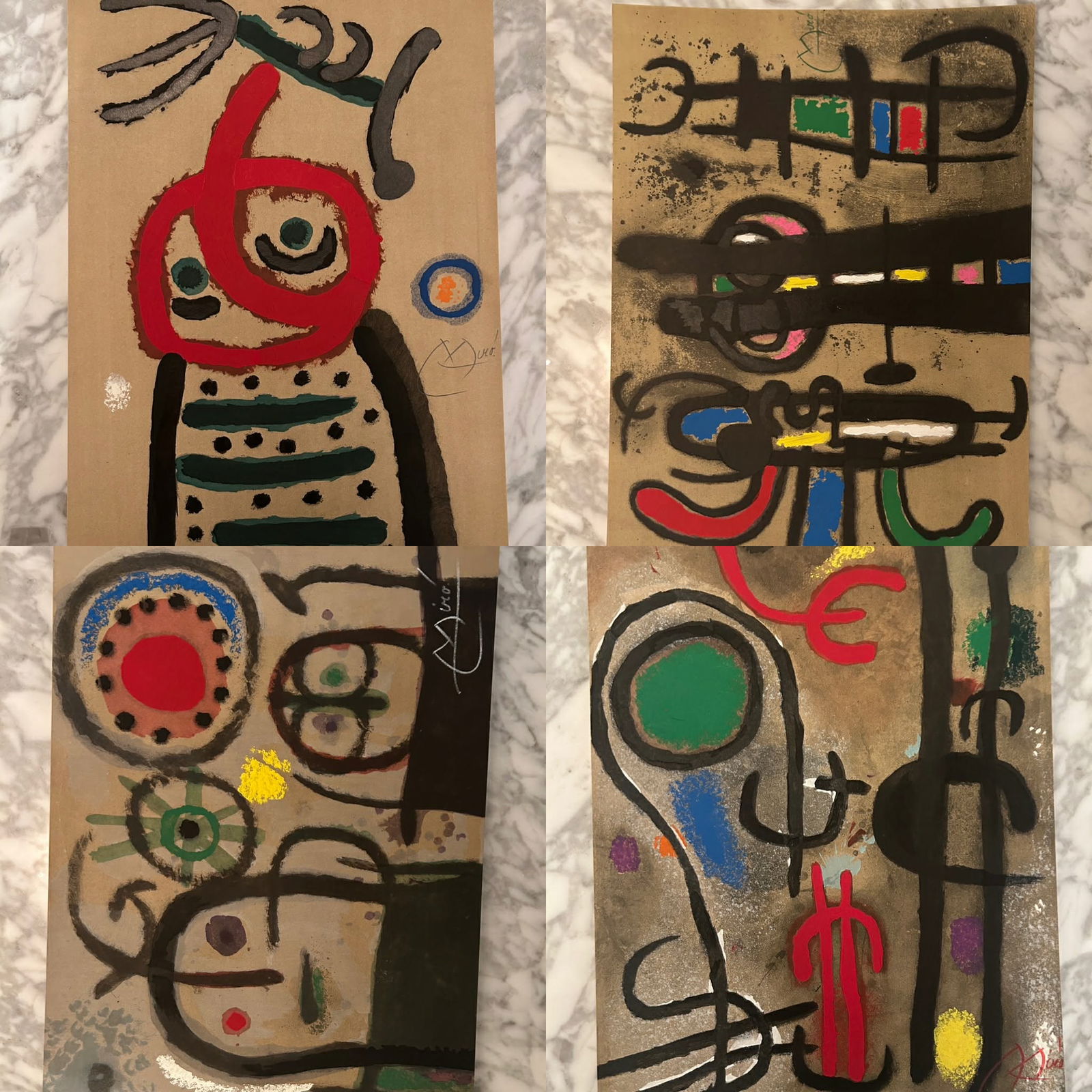 Four Joan Miro Hand Signed Original Color Pochoirs: Four Joan Miro Hand Signed Original Color Pochoirs Description: Four Joan Miro Original Color Pochoirs that are hand signed by Joan Mir? 1. "Femme et Oiseau" 2. "Personnage et oiseaux" 3. "Femme et
