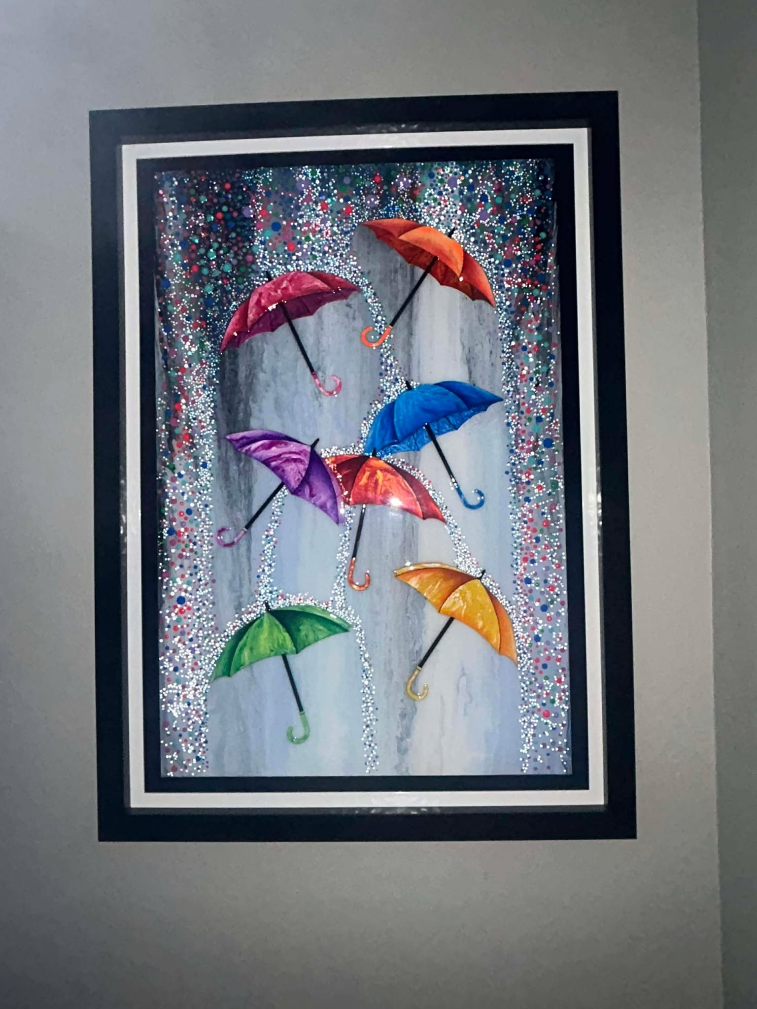 Jon Rattenbury Raindrops Keep Falling: Jon Rattenbury "Raindrops Keep Falling" 36" x 24" Image size dimensional mixed-media acrylic painting on aluminum. Hand signed in pigment by the artist on lower right. A unique work. Gallery Framed.