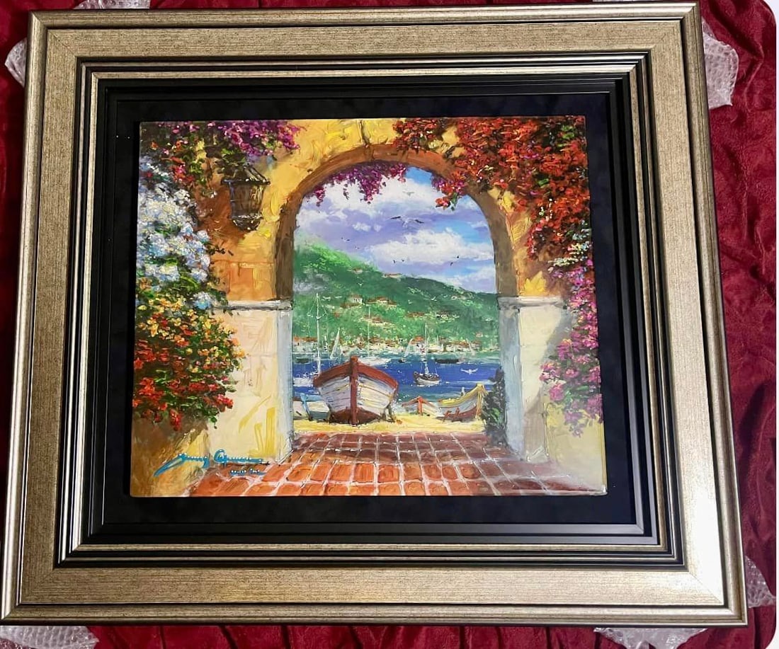 James Coleman Archway to the Sea: James Coleman " Archway to the Sea" UNIQUE 2022 20" x 24" image size Oil painting on metal. Hand-signed in pigment lower left by the artist. Titled and signed on the verso. Gallery framed COA