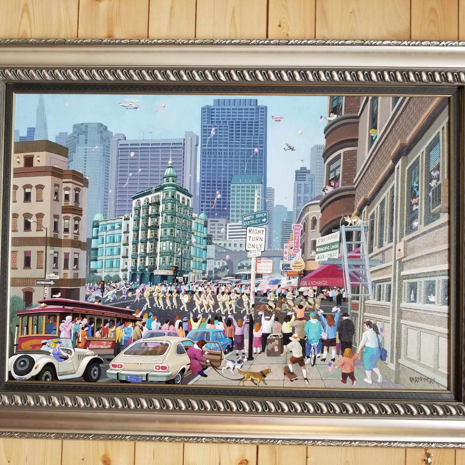 San Fansisco Columbus Street: Alexander Chen "San Francisco, Columbus Street" 1991 24" x 36" Image size. Acrylic painting on canvas. Signed in pigment lower right. Gallery framed, COA