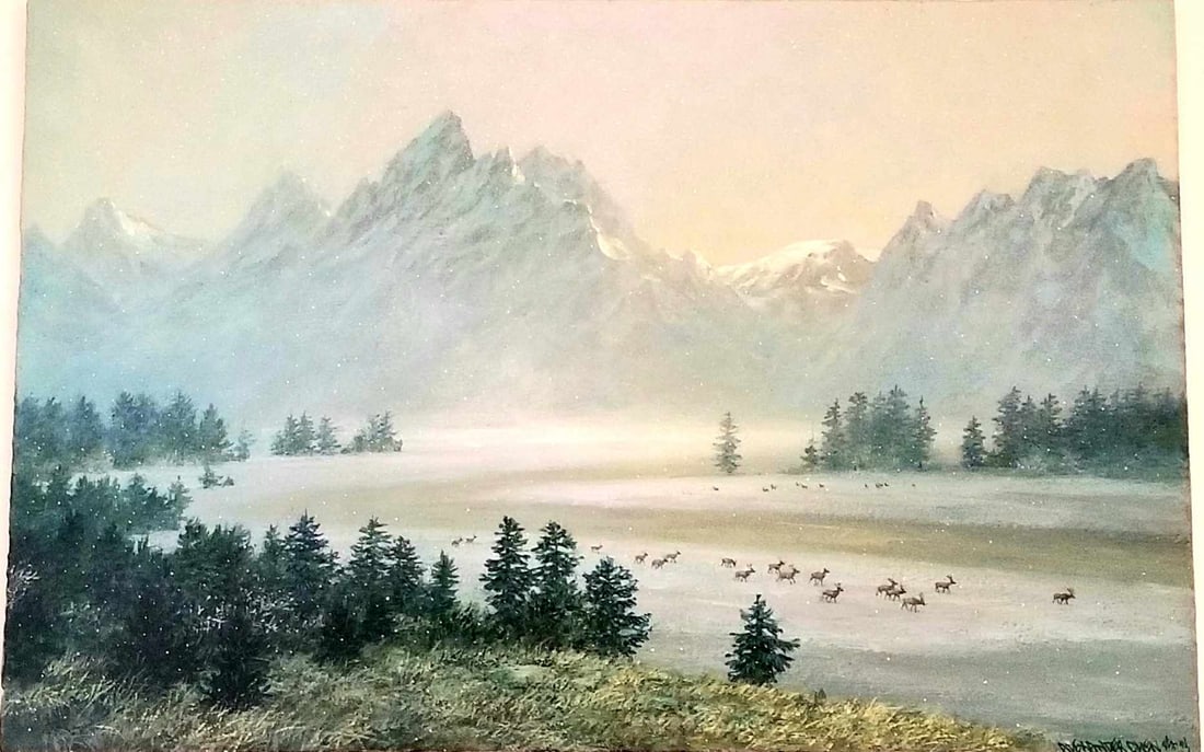 Grand Teton National Park Whyoming-Snake River: Alexander Chen "Grand Teton National Park Whyoming-Snake River" 2018 11" x 17" Image size Acrylic painting on board mounted on a black masonite (16x20) Hand-signed in pigment lower right by the