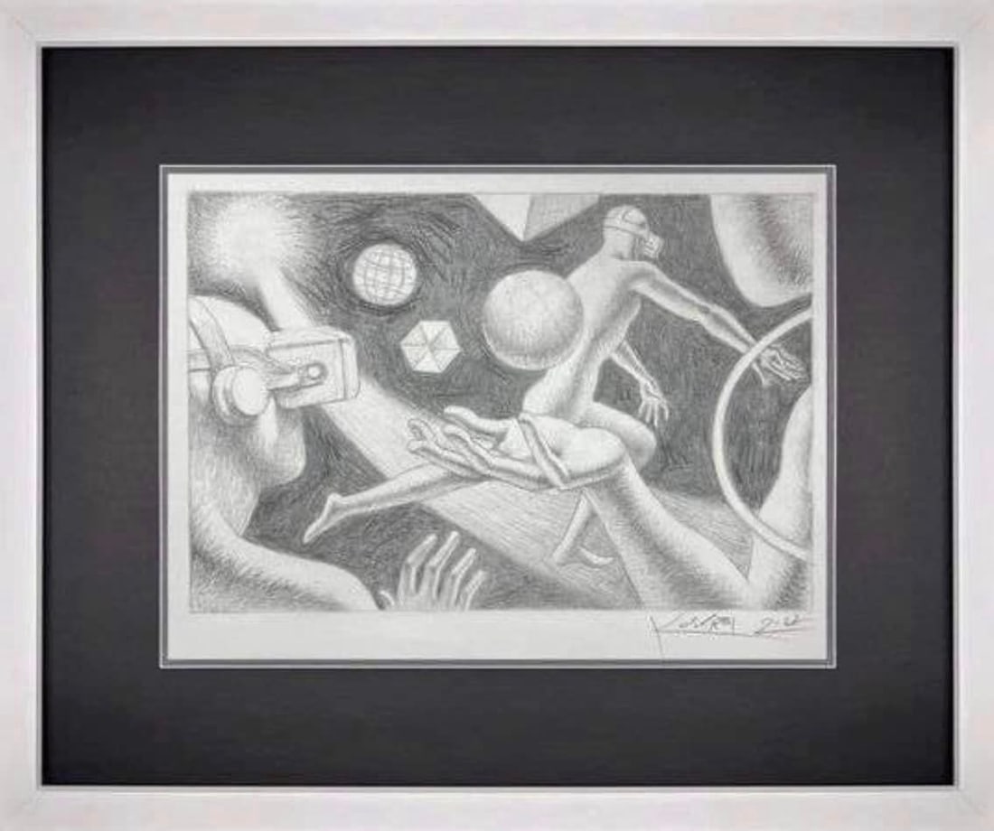 Mark Kostabi Levitating: Mark Kostabi "Levitating" 2022 Original Drawing COA