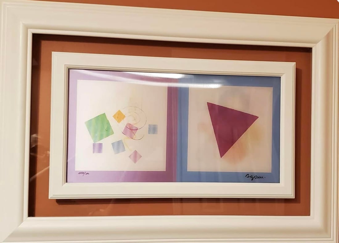 Happy Mood Yesterday (Horitontal): Yaacov Agam "Happy Mood Yesterday (Horizontal)" 2014 7 3/8" x 15" image size Agamograph; lithographic image viewed through a lenticular lens. Signed in ink by the artist. LE 90 Gallery framed COA