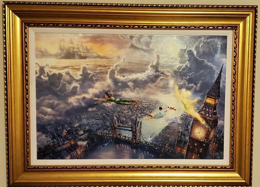 Thomas Kinkade Tinker Bell and Peter Pan Fly to Neverland: Thomas Kinkade "Tinker Bell and Peter Pan Fly to Neverland" 2009 18" x 27" image size Giclee in color with acrylic embellishments on canvas. Signed with the artist's authorized signature applied throu
