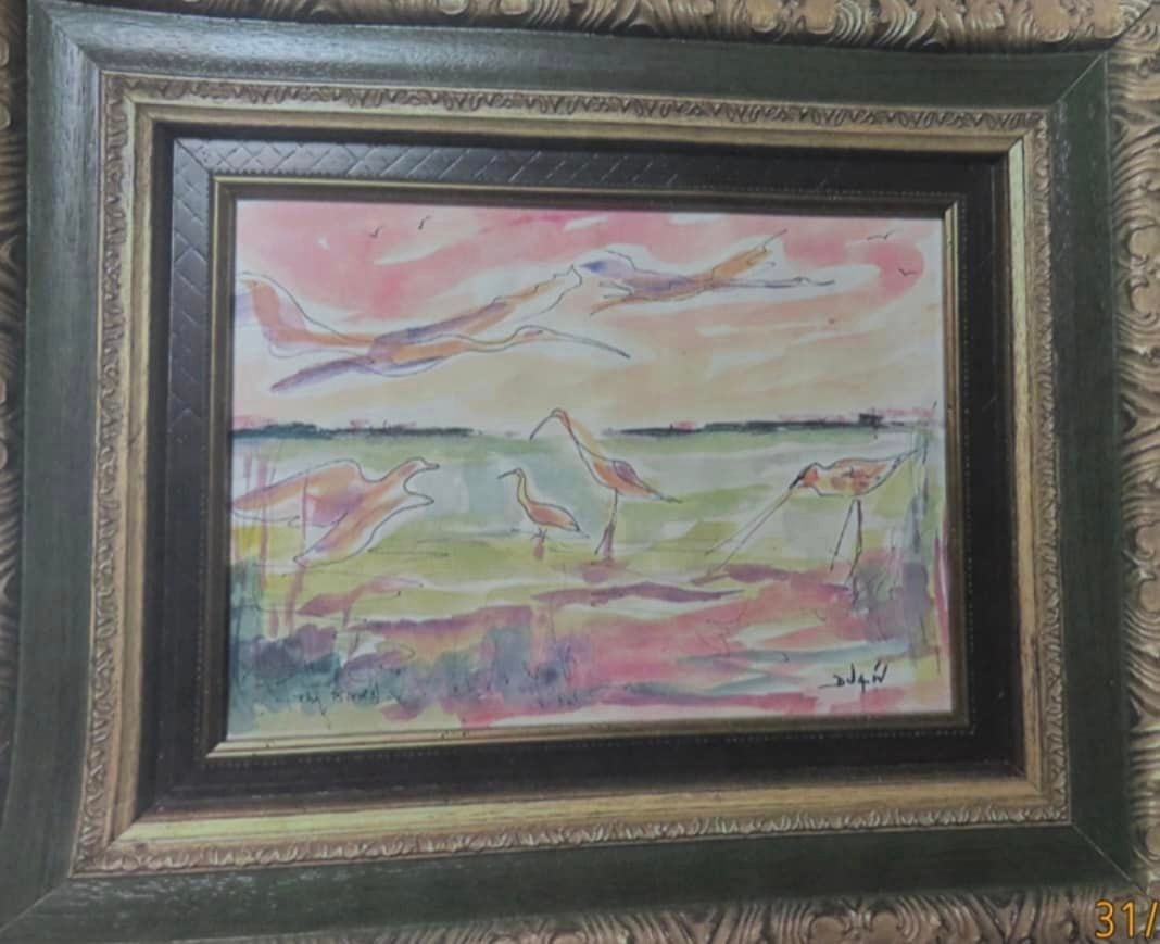 The Birds: Duaiv "The Birds" UNIQUE 2013 9" x 17" image size Watercolor with ink on paper. Hand-signed in ink lower right by the artist. Galllery framed COA