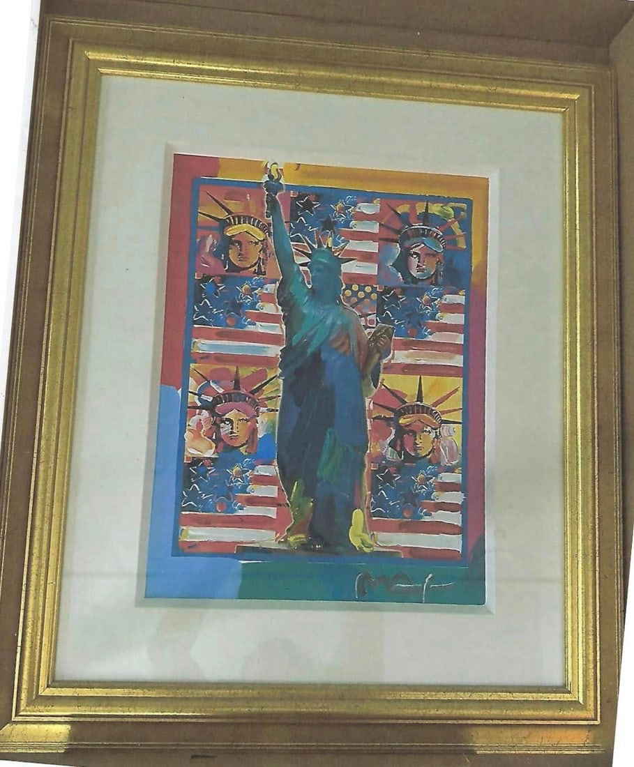 God Bless America - With 5 Liberties: Peter Max "God Bless America - With 5 Liberties" UNIQUE 2001 26" ? 15" image size Mixed media with acrylic painting and color lithography on paper. signed in acrylc. Gallery framed COA