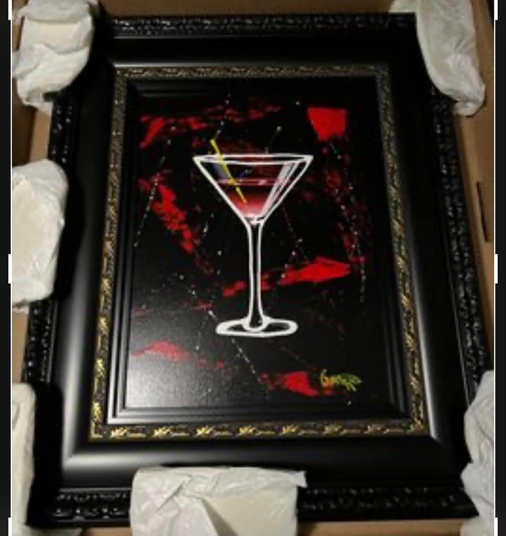 Martini on Black: Michael Godard "Martini on Black" UNIQUE 2022 37" x 31" Mixed media painting with acrylic on canvas. Hand signed Gallery Framed COA