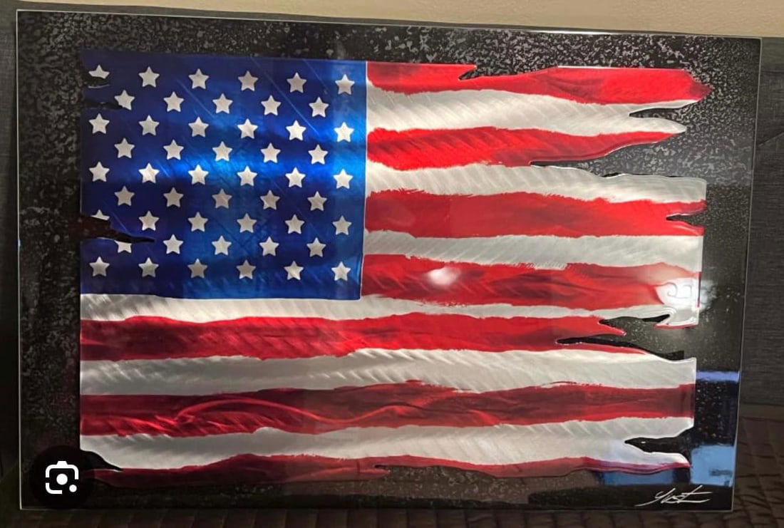 Americana: Nicholas Yust "Americana" UNIQUE 2023 18" x 24" Dimensional mixed-media painting on aluminum. Hand-signed in pigment lower right by the artist. Signed and dated on the verso. Gallery framed COA