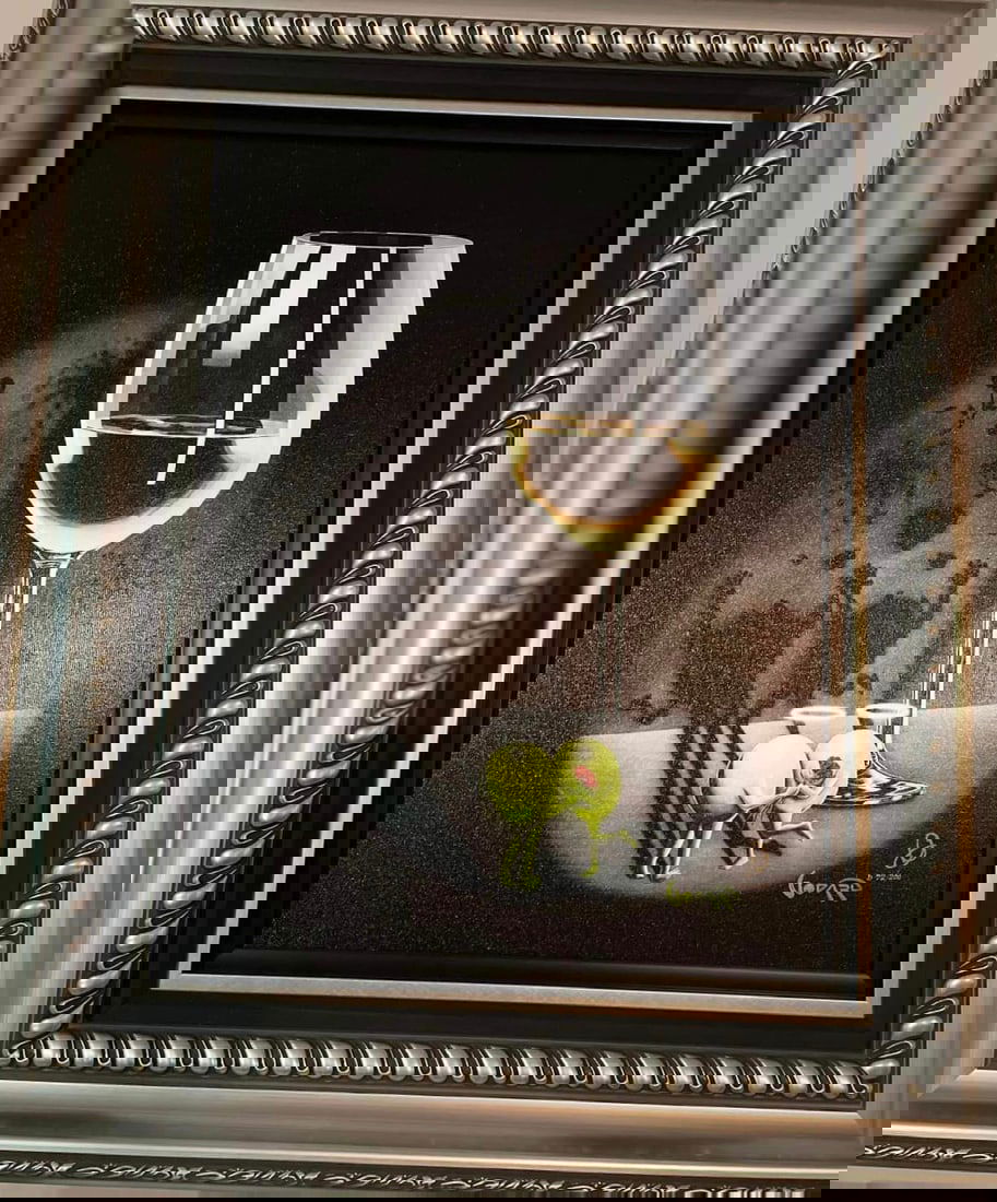 She Devil White Wine: Michael Godard "She Devil White Wine" 2020 23 1/2" x 17 1/2" image size Giclee in color with hand-embellishment on canvas. Hand-signed in ink lower right by the artist. Gallery framed LE 200