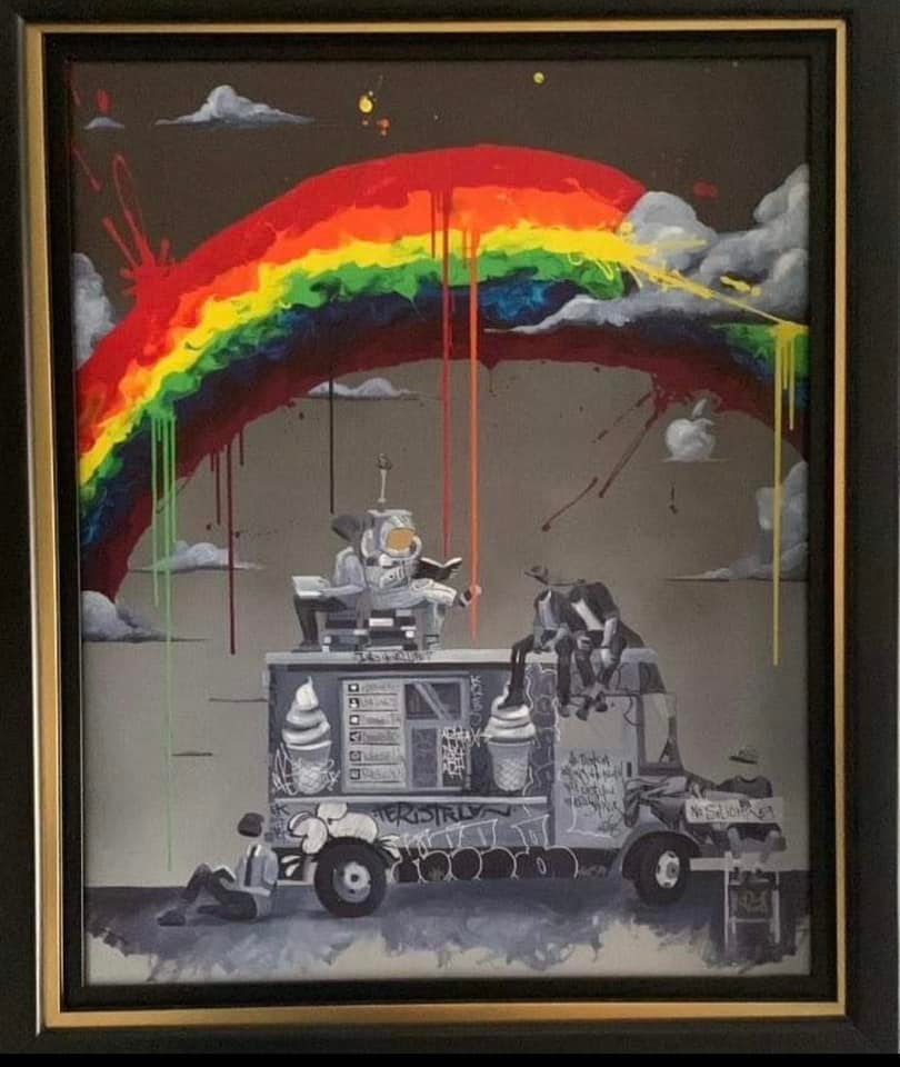 Kre8 Rainbows and Butterflies: Kre8 "Rainbows and Butterflies" 2021 25" ? 20" image size Giclee in color with hand-embellishment on canvas. Hand-signed by the artist. From the Roman numbered international edition of 200 examples