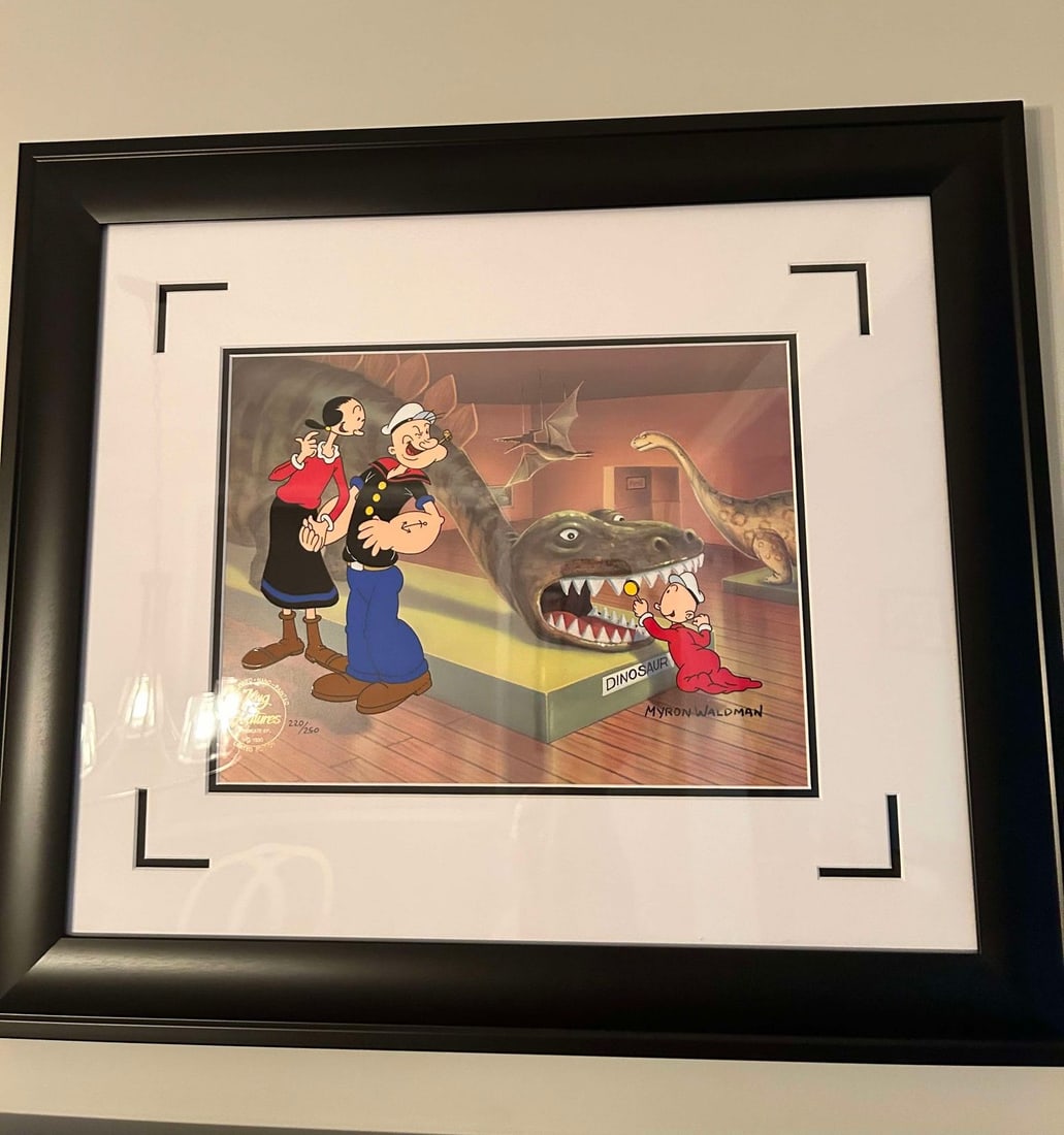 King Features, Inc Don?t feed the Dinosaurs: King Features, Inc. "Don't Feed the Dinosaurs" 2006 10 1/2" x 13 9/16" image size Hand painted cel with color background. Signed by Myron Waldman. Gallery framed, COA, Appraisal