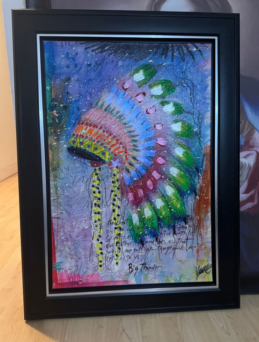 Tim Yanke Big Thunder 2011: Tim Yanke "Big Thunder" 2011 37 3/8" x 25 5/8" image size hand embellished giclee on canvas hand-signed by the artist in ink. Gallery framed, COA, Appraisal