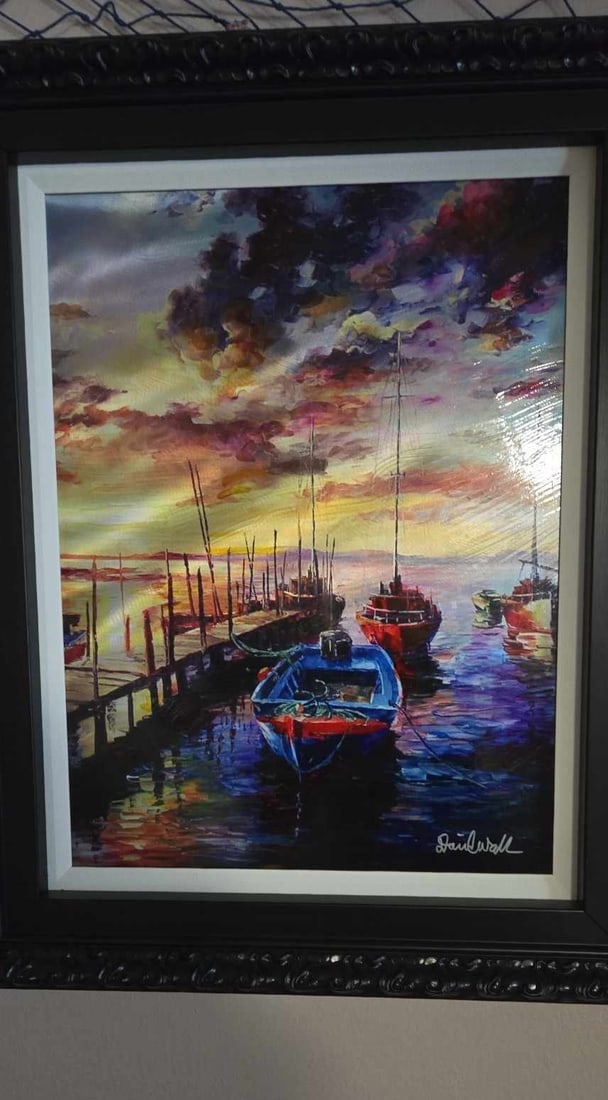 Daniel Wall Sunset at the Dock Unique: Daniel Wall "Sunset at Dock" Unique 24" x 18" image size Mixed media on metal. Hand signed in pigment lower right by the artist. Titled and dated on the verso. A Unique work. Gallery framed, COA,