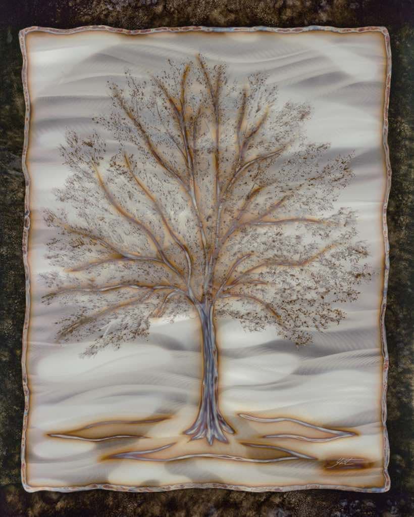 Nicholas Yust winter Magnolia UNIQUE: Nicholas Yust "Winter Magnolia" 2023 60 1/4" x 48" image size. Dimensional mixed media painting on aluminum. Hand-signed in pigment lower right by the artist. A unique work. Appraisal, COA