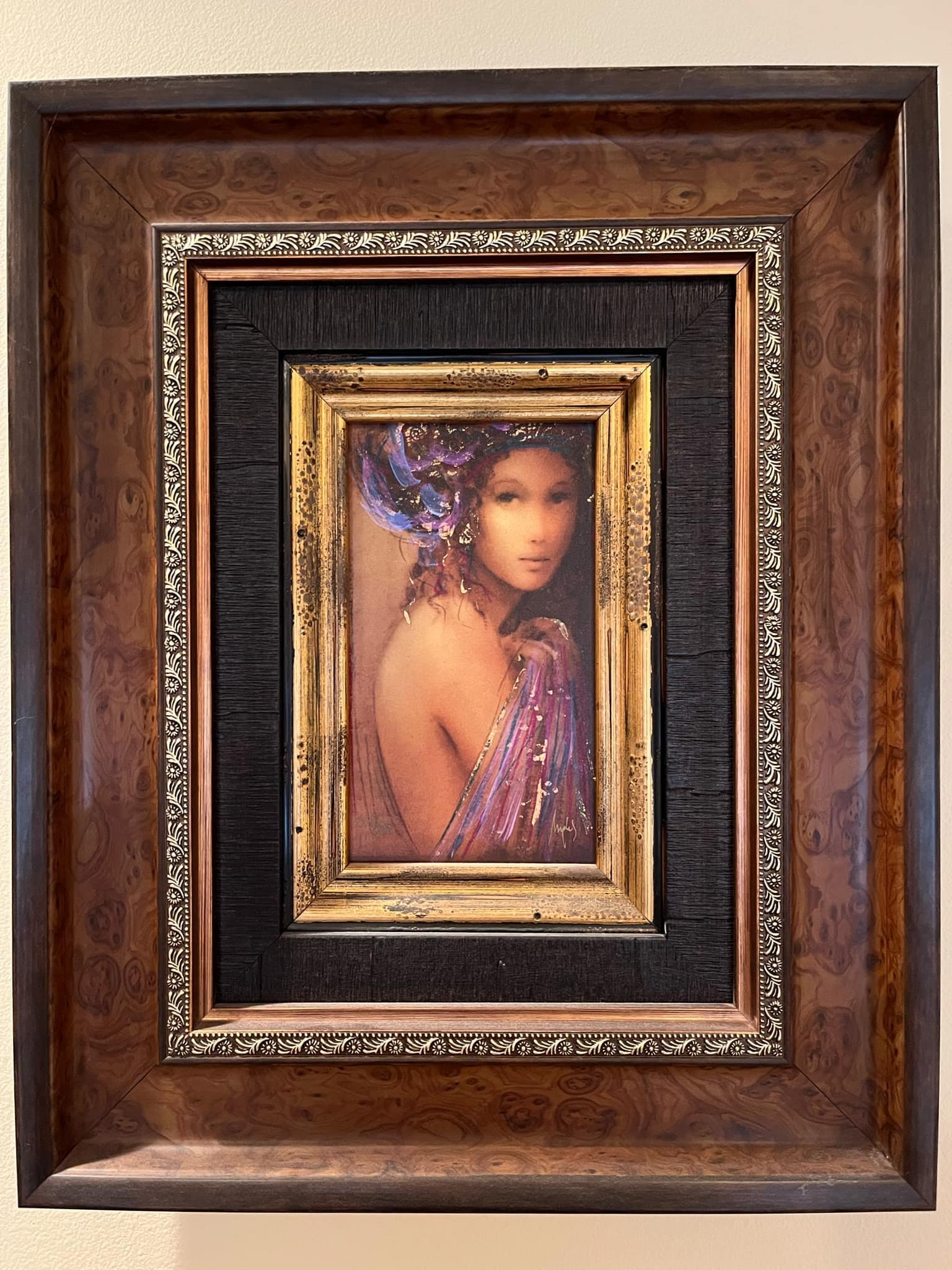 Csaba Markus Agape Vergina: Csaba Markus "Agape Vergina" 2006 9 1/2" x 5 1/4" image size serigraph in color on wood panel with hand embellishment. Signed in gold ink and numbered. Gallery framed, COA, appraisal