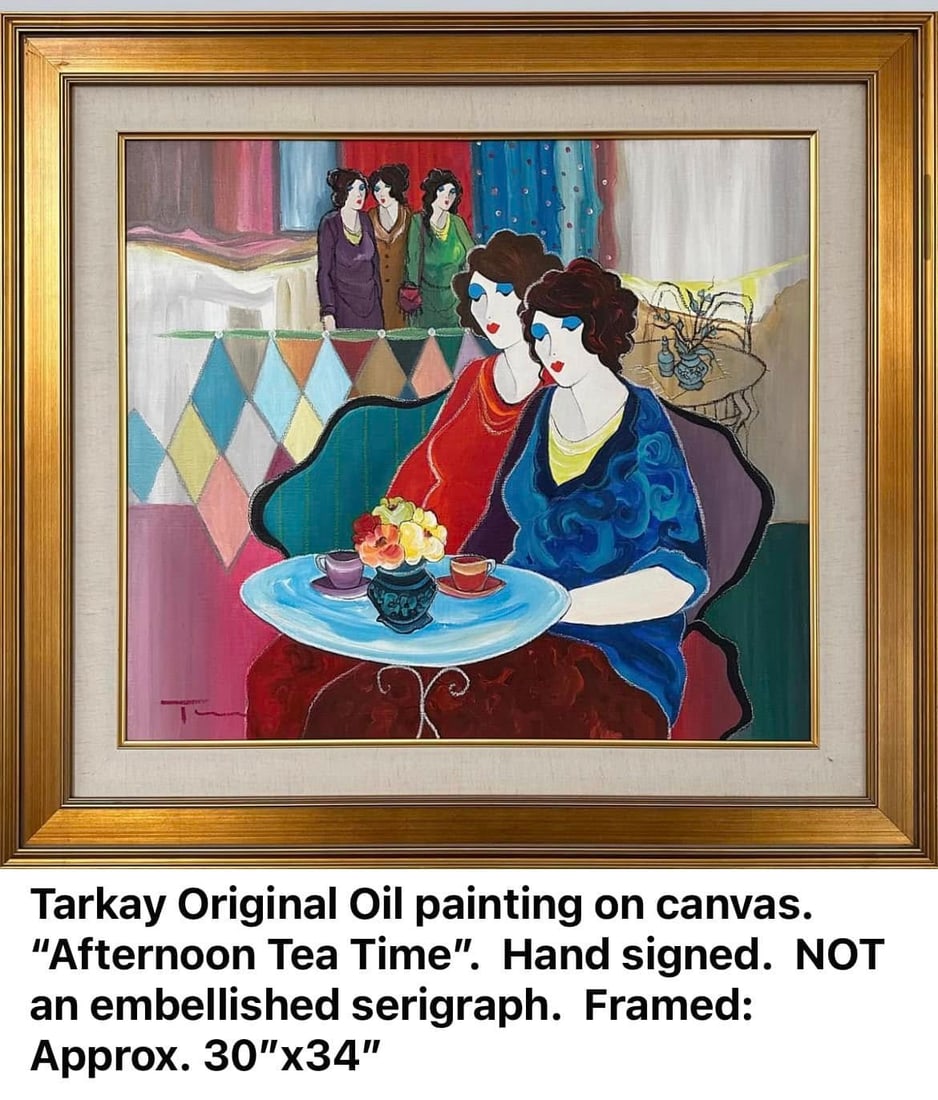 Itzchak Tarkay Afternoon Tea Time: Tarkay Original Oil on canvas " Afternoon Tea Time"