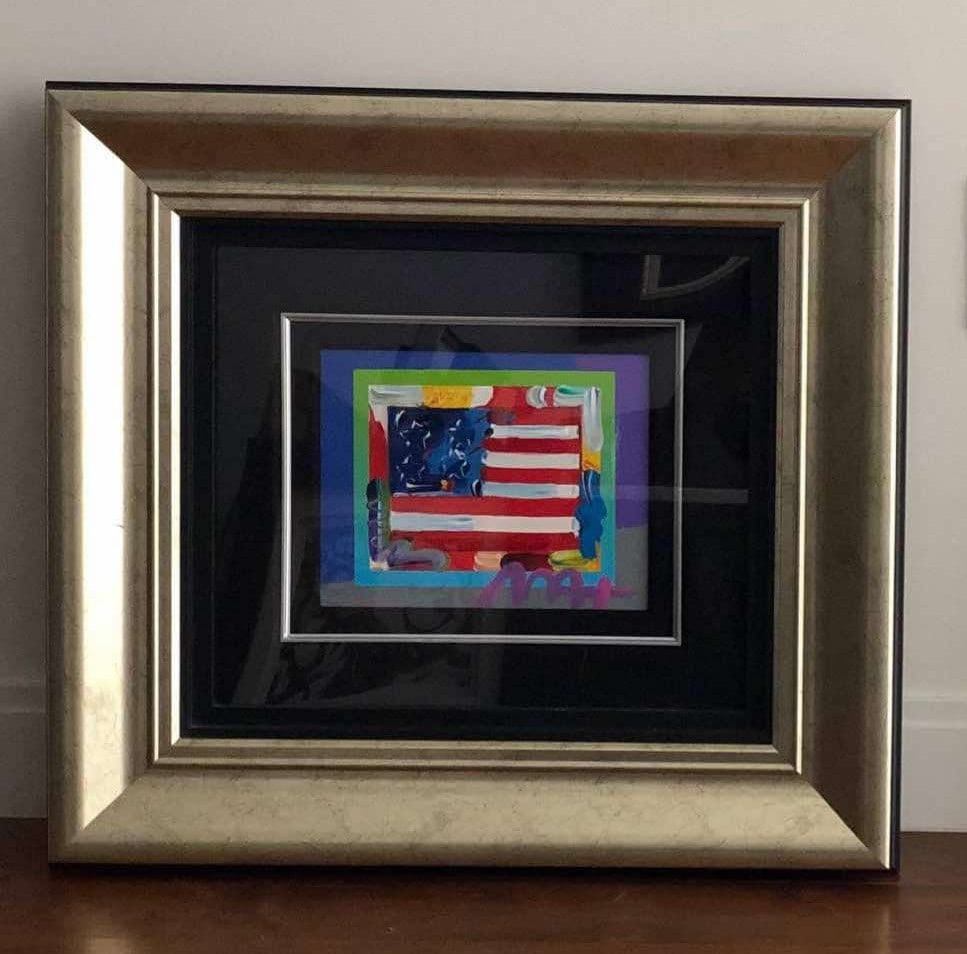 Peter Max Flag with Heart on Blends - Horizontal Americana Suite Unique variation: Peter Max "Flag with Heart on Blends - Horizontal" Americana Suite 2005 8" x 10" Image size Mixed media with acrylic painting and color lithography on paper. Signed in acrylic. A unique variation. Gal