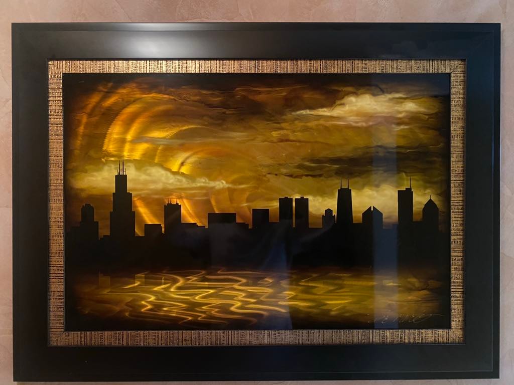 Chris Derubeis Chicago Skyline UNIQUE: Chris Derubeis "Chicago Skyline" 2019 24" x 36" image size Mixed Media on aluminum including air-brush painting and hand ground surfaces. Hand-signed in pigment lower right by the artist. A unique