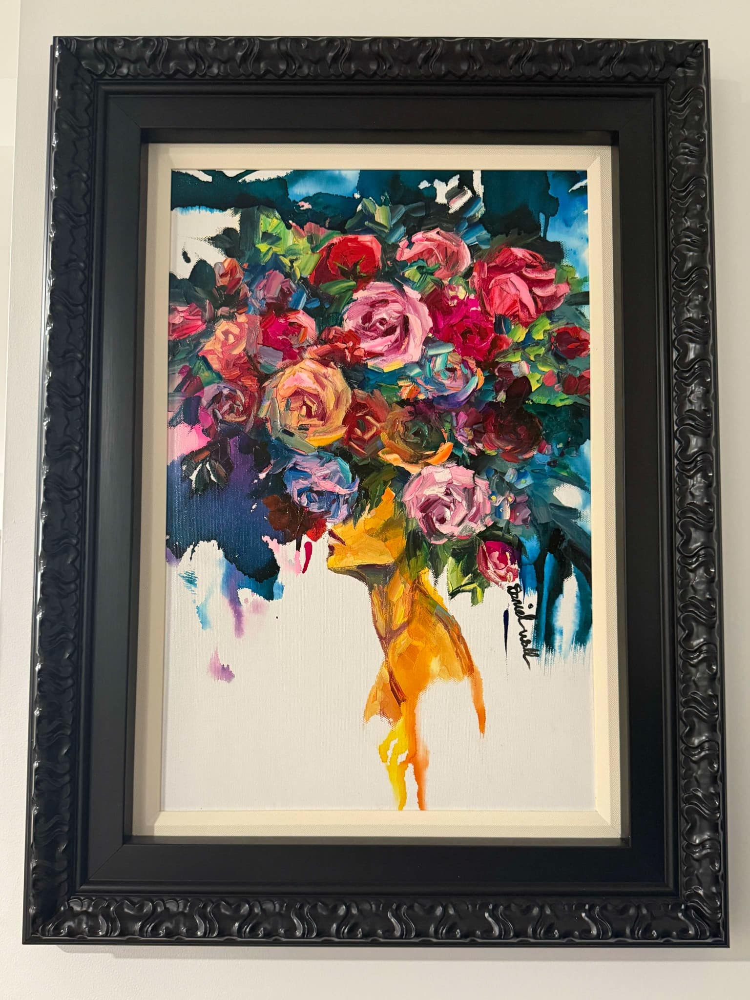 Daniel Wall Flower Hair Unique: Daniel Wall "Flower Hair 2023 14" x 16" image size oil and watercolor painting on canvas. Hand-signed in pigment lower left by the artist. Titled and dated on the verso. A Unique work. Gallery