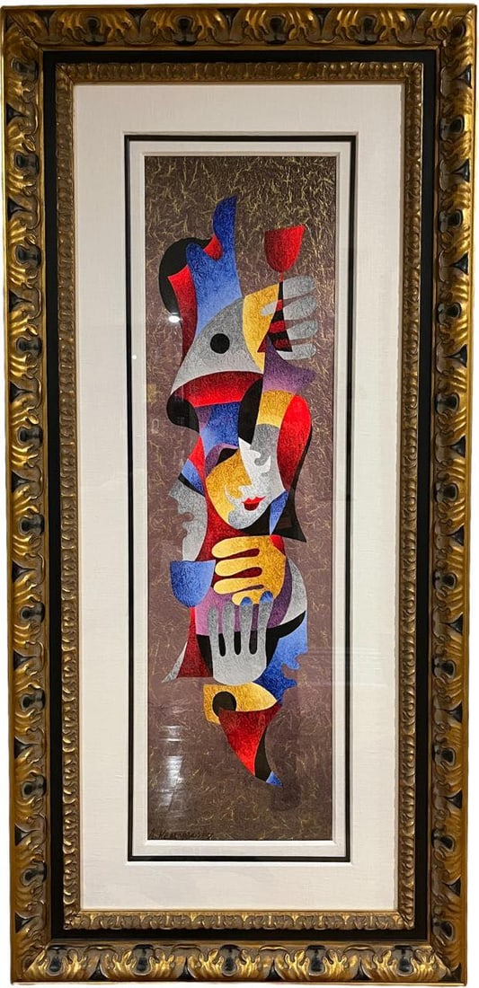 Anatole Krasnyansky "Merry Toast num 15": Anatole Krasnyansky "Merry Toast #15" 2008 40" x 12" image size Acrylic and watercolor painting on handmade Japanese paper. Signed in ink lower left. A unique work. Gallery framed, COA, Appraisal