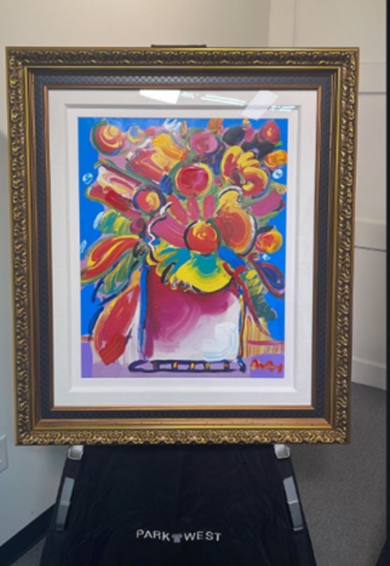 Peter Max "Flowers": Peter Max "Flowers" 2001 27 3/4" x 22" image size mixed media with act\rylic painting and color lithography on paper from the Peter Max studio. Signed lower right in acrylic by the artist. A Unique va