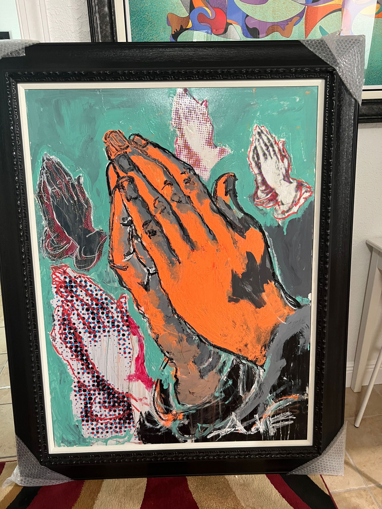 Autumn De Forest "Durer Hands": Autumn De Forest "Durer Hands" Original Published Painting 2022 48 x 36" image size Acrylic painting on canvas. Hand signed in pigment by the artist. The artist has placed her hand print and