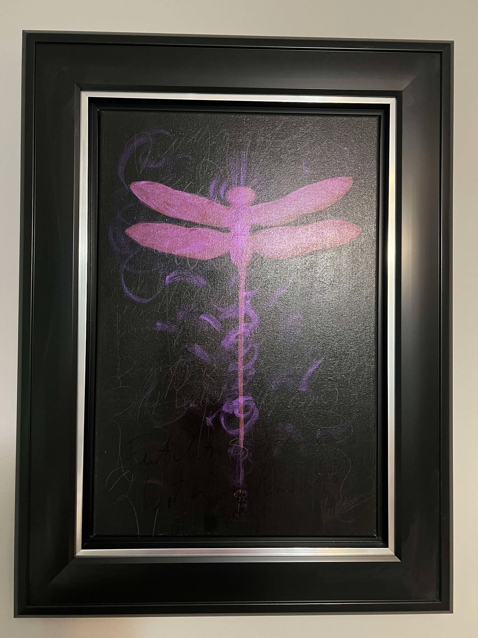 Tim Yanke "Dragonfly Black": Tim Yanke "Dragonfly Black" 2011 24" x 16" image size Mixed media with pigment, pastels, ink, and charcoal on canvas. Signed in pigment lower right. Signed and titled on the verso. A unique work.