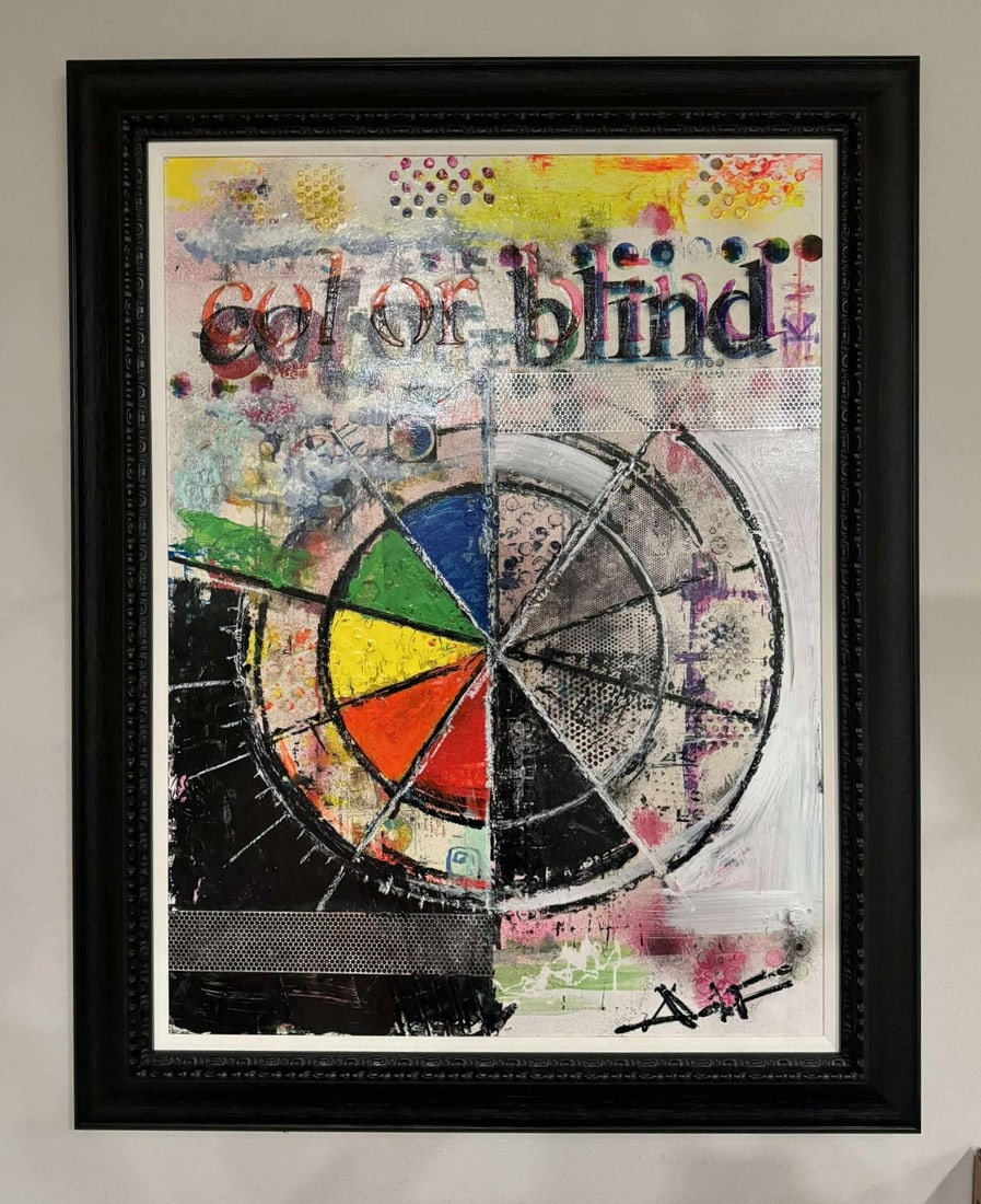 Autumn De Forest "Colorblind" Unique: Autumn De Forest "Colorblind" Unique 2022 48" x 36" image size mixed media painting on wood panel with mounted collage elements. Hand-signed in pigment lower right by the artist. The artist has placed