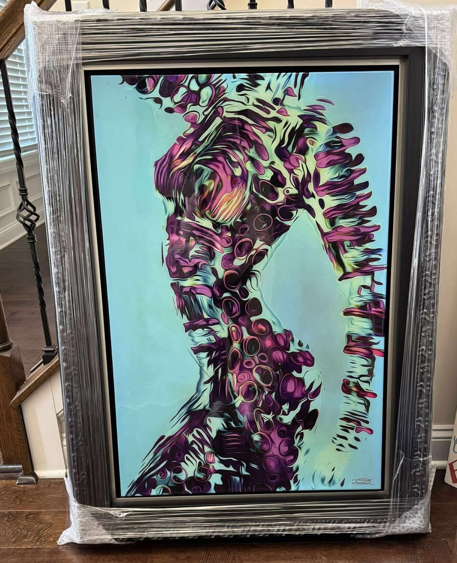 Oz "Torso Blue" Unique: OZ "Blue Torso" Unique 2022 36" x 24" image size mixed media painting on canvas. Hand-signed in pigment lower right by the artist. A Unique work. Gallery framed, COA, Appraisal. AD