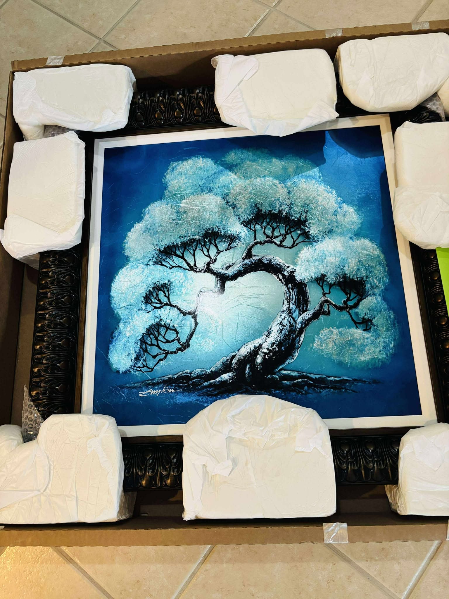 Patrick Guyton "Blue Silked Tree": Patrick Guyton "Blue Silked Tree" Unique 2023 24" x 24" image size Mixed Media on aluminum with faux silver by hand. Hand-signed in pigment lower left by the artist. Signed and dated on the verso. A