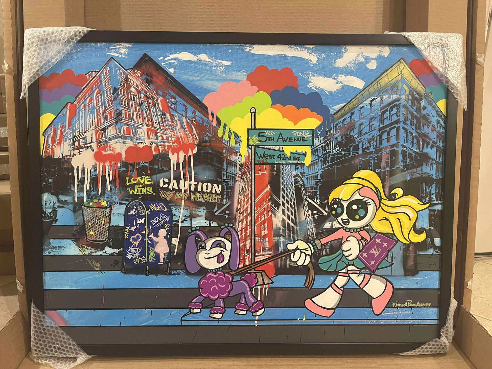 Migual Paredes "5th Avenue": Paradise Miguel "5th Avenue" 2024 30" x 40" image size Mixed media painting on canvas. Hand-signed in pigment by the artist Lower right. A Unique work. Gallery framed, COA, Appraisal