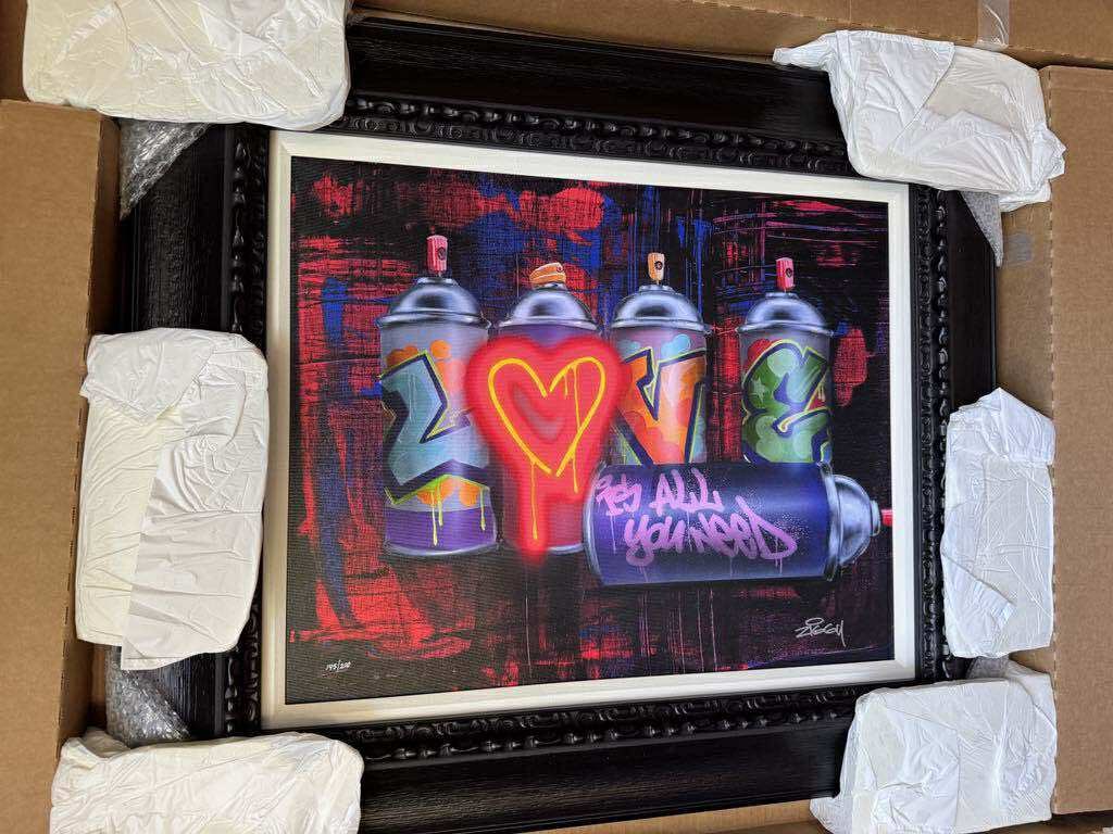 Ziggy "Spray Can Love": Ziggy "Spray Can Love" 2022 19 1/4" x 24" image size Giclee in color with hand-embellishment on canvas. Hand-signed by the artist. Gallery framed, COA, Appraisal. BA