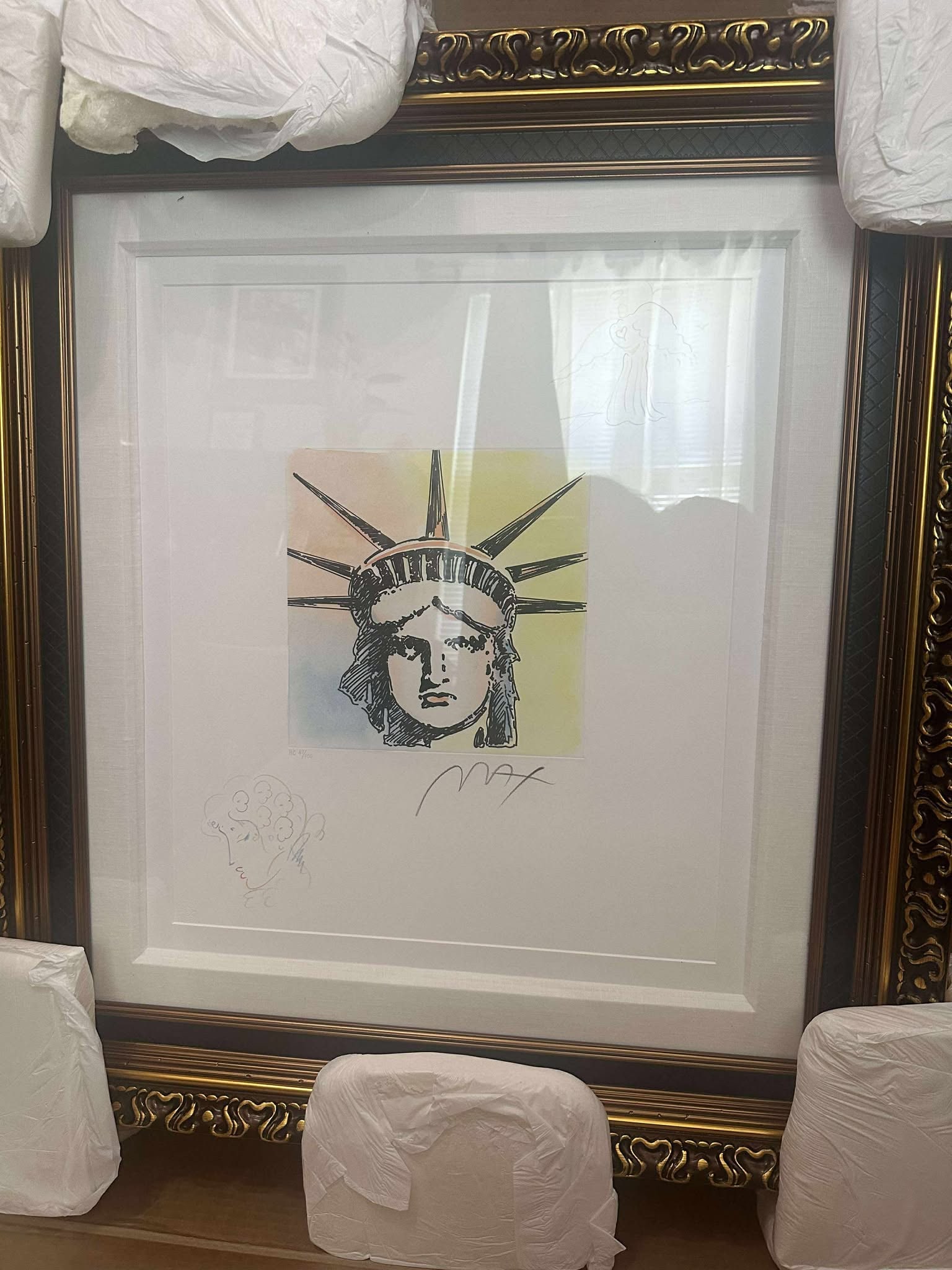 Peter Max Liberty Head (Angel/Profile): Peter Max "Liberty Head (Angel/Profile)" 2015 11 1/4" x 9" image size Etching with hand-coloring and unique, hand-drawn colored pencil remarques of an Angel with Heart in the upper right corner and