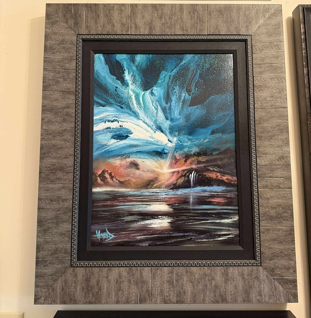 Ashton Howard Weather and Sky Unique: Ashton Howard "Weather and Sku" unique 2023 20" x 15" image size Mixed media on canvas. Hand-signed in pigment lower left by the artist. Titled, dated, and signed on the verso. A unique work. Gallery