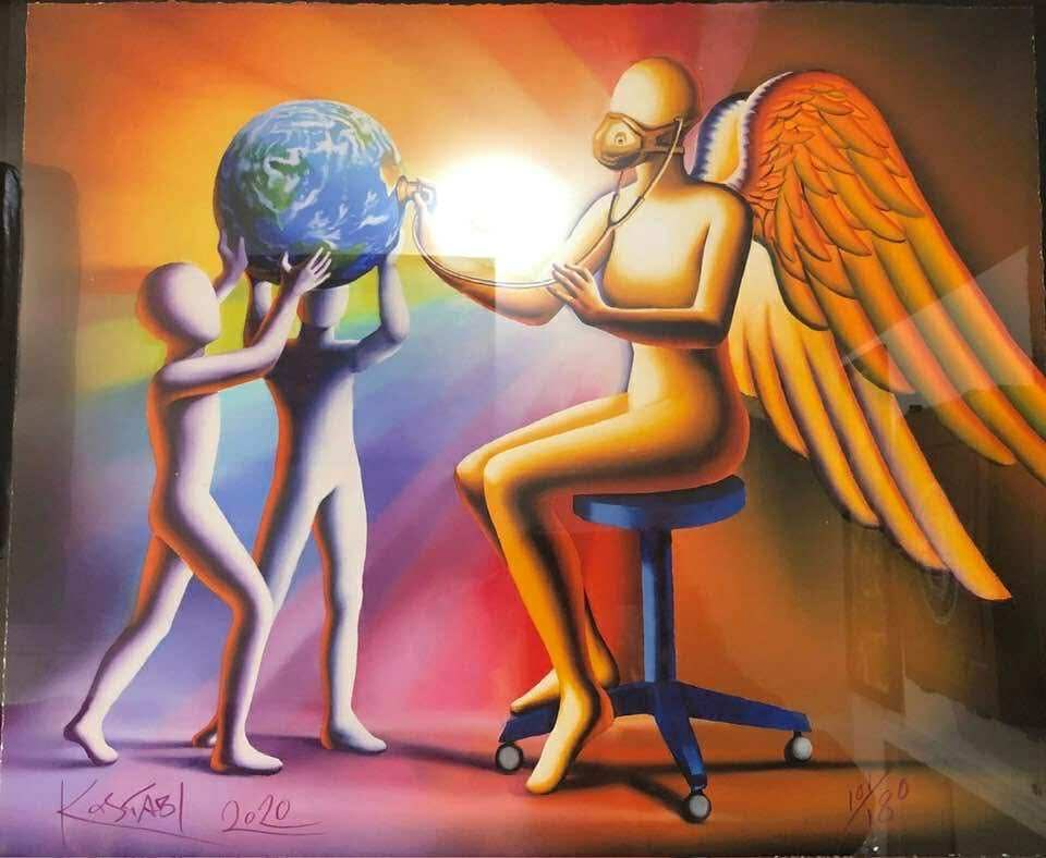 Mark Kostabi Spiritual Diagnosis: Mark Kostabi "Spiritual Diagnosis" 2020 22 7/8" x 19" image size Giclee in color on paper. Hand-signed by the artist. Gallery framed, COA, Appraisal. KS