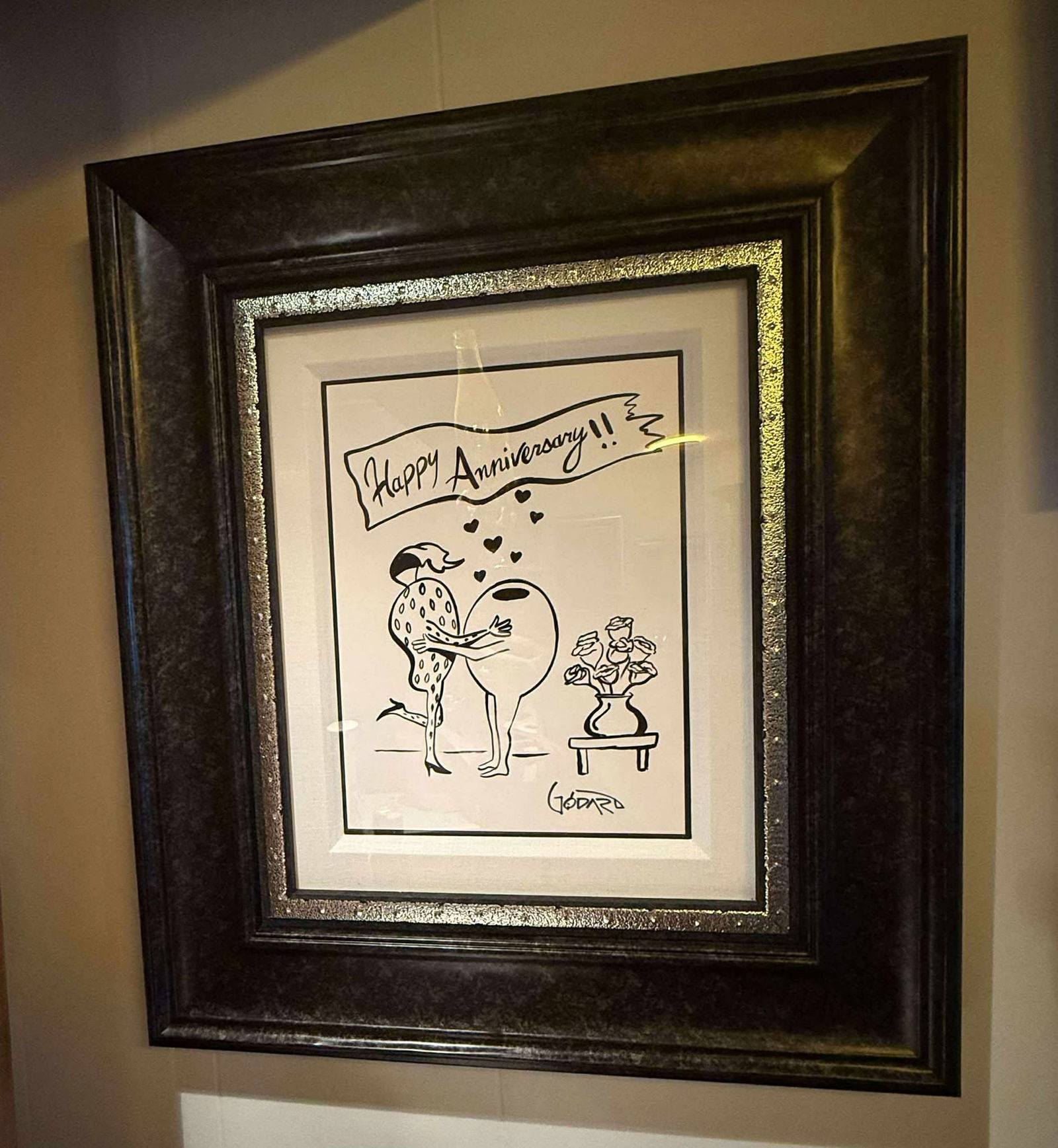 Michael Godard Happy Anniversary: Michael Godard "Happy Anniversary" 2019 12" x 9" image size Acrylic painting on paper. Hand-signed in pigment lower right by the artist. A Unique work. Gallery framed, COA, Appraisal. CSR