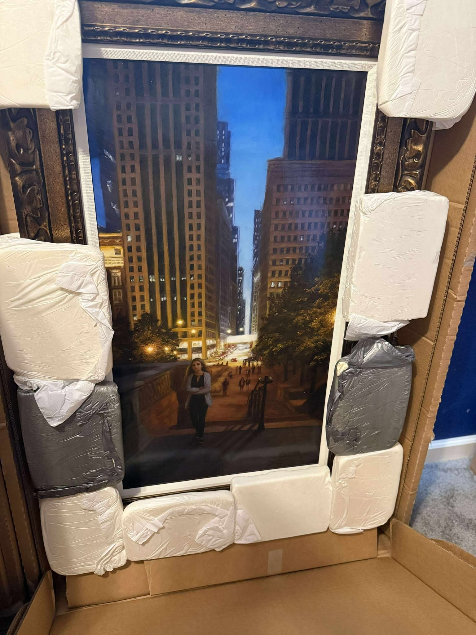 Thomas Tunney Dusk In Chicago Unique: Thomas Tunney "Dusk in Chicago" 2018 34" x 18 7/8" image size Oil painting on board. Hand-signed by the artist in pigment lower right. A unique work. Gallery framed, COA, Appraisal. CSR